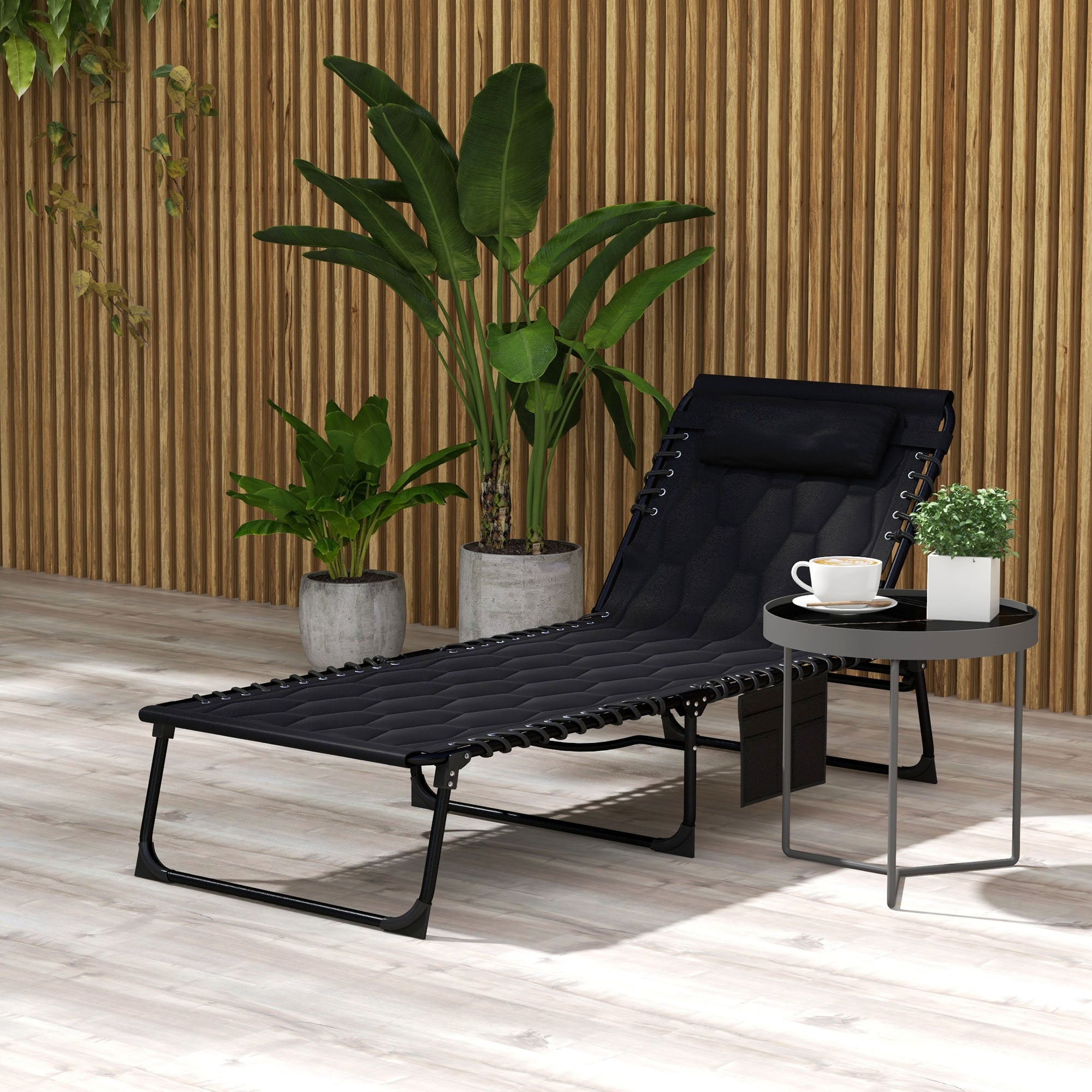 Outsunny Folding Chaise Lounge with 5-level Reclining Back, Outdoor Tanning Chair with Build-in Padded Seat, Outdoor Lounge Chair with Side Pocket, Headrest, Black