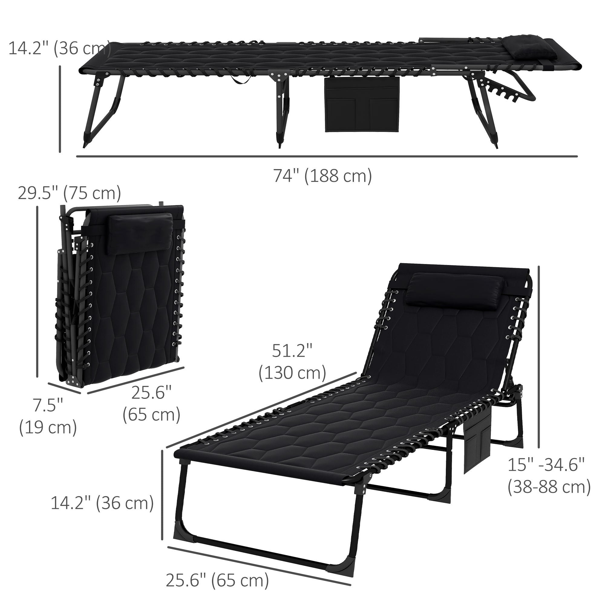 Outsunny Folding Chaise Lounge with 5-level Reclining Back, Outdoor Tanning Chair with Build-in Padded Seat, Outdoor Lounge Chair with Side Pocket, Headrest, Black