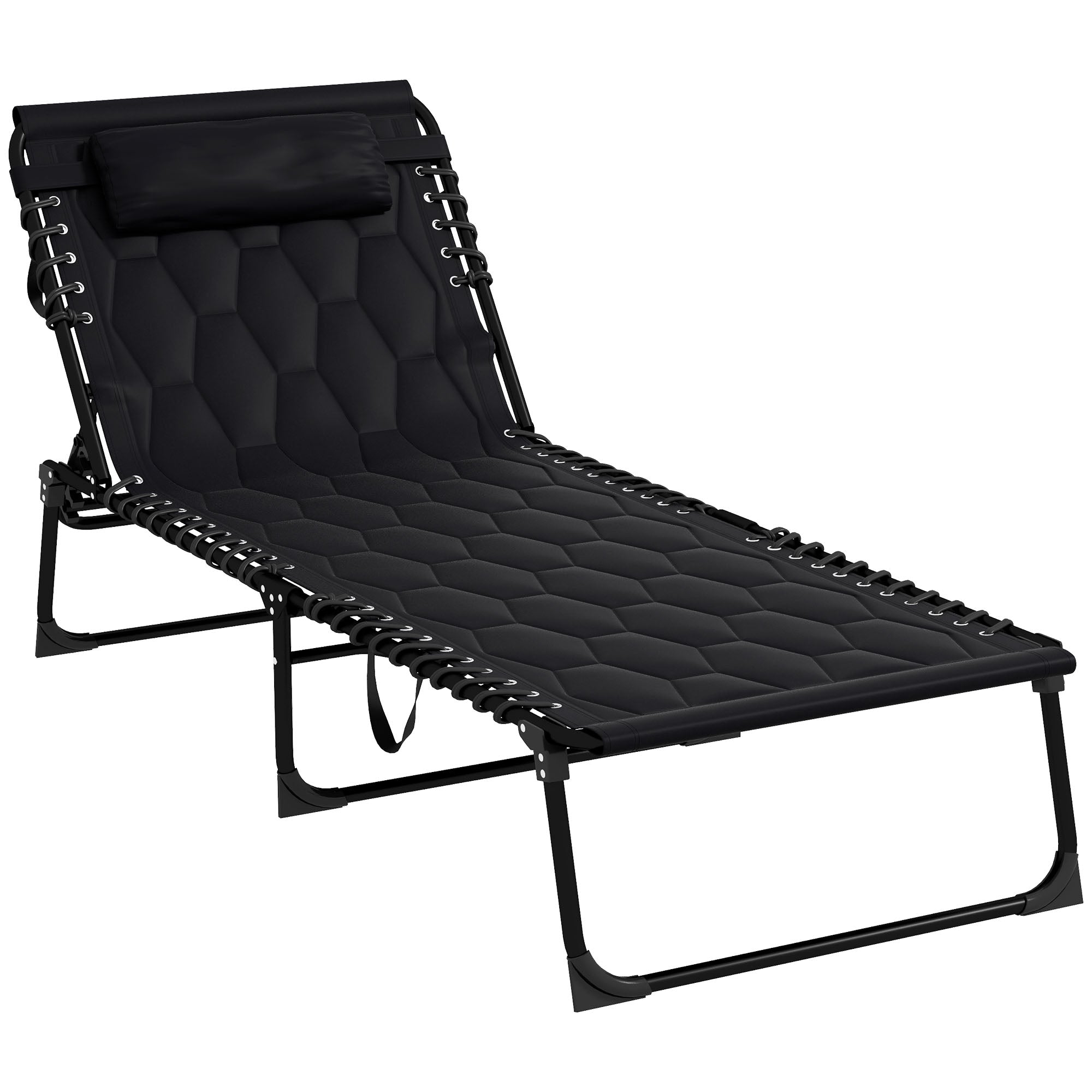 Outsunny Folding Chaise Lounge with 5-level Reclining Back, Outdoor Tanning Chair with Build-in Padded Seat, Outdoor Lounge Chair with Side Pocket, Headrest, Black