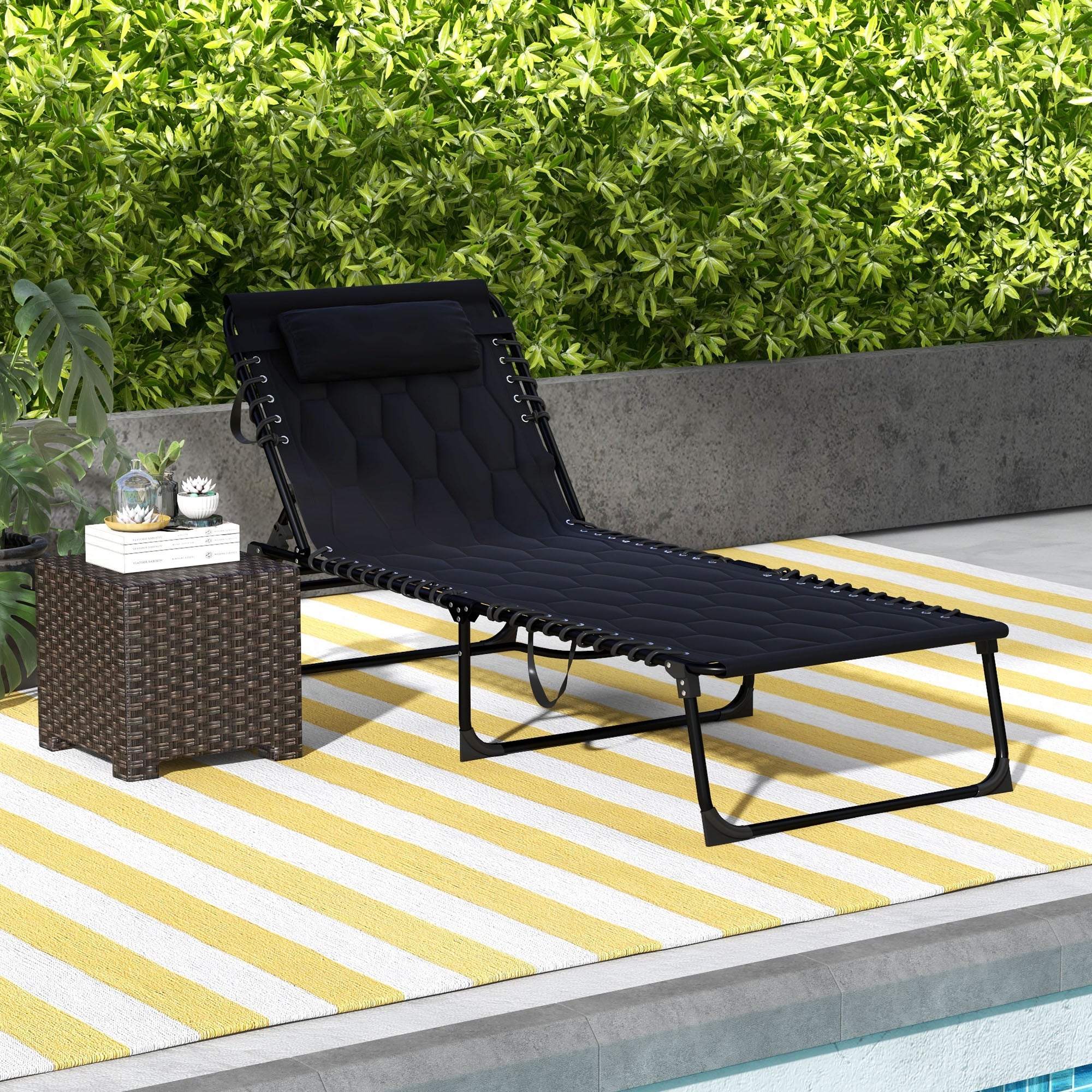 Outsunny Folding Chaise Lounge with 5-level Reclining Back, Outdoor Tanning Chair with Build-in Padded Seat, Outdoor Lounge Chair with Side Pocket, Headrest, Black