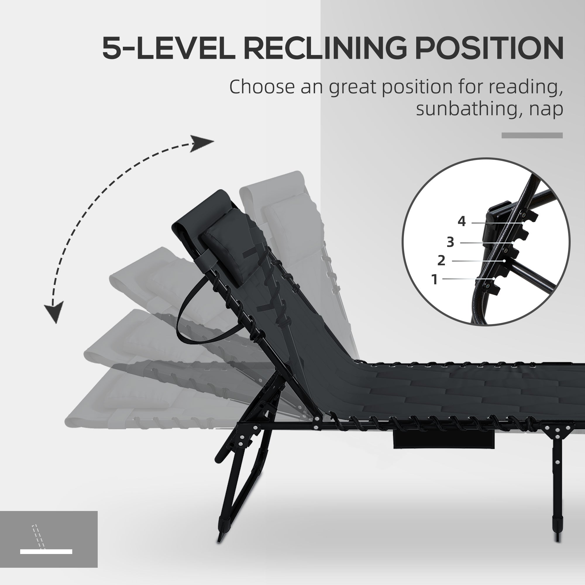 Outsunny Folding Chaise Lounge with 5-level Reclining Back, Outdoor Tanning Chair with Build-in Padded Seat, Outdoor Lounge Chair with Side Pocket, Headrest, Black