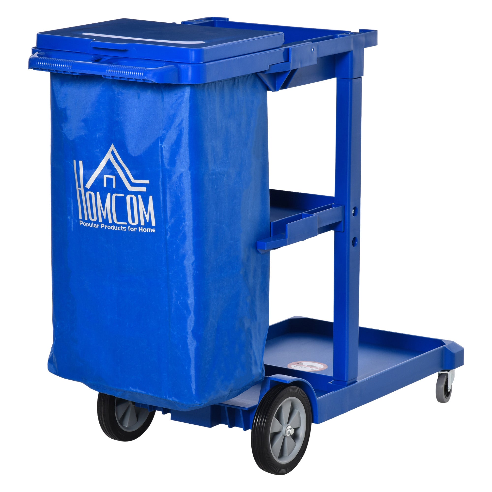 HOMCOM Commercial Janitorial Cart with 3 Tier Shelves Professional Cleaning Trolley with Rubbish Bag and Mop Mount for Hotel, Restaurant, Office, Blue