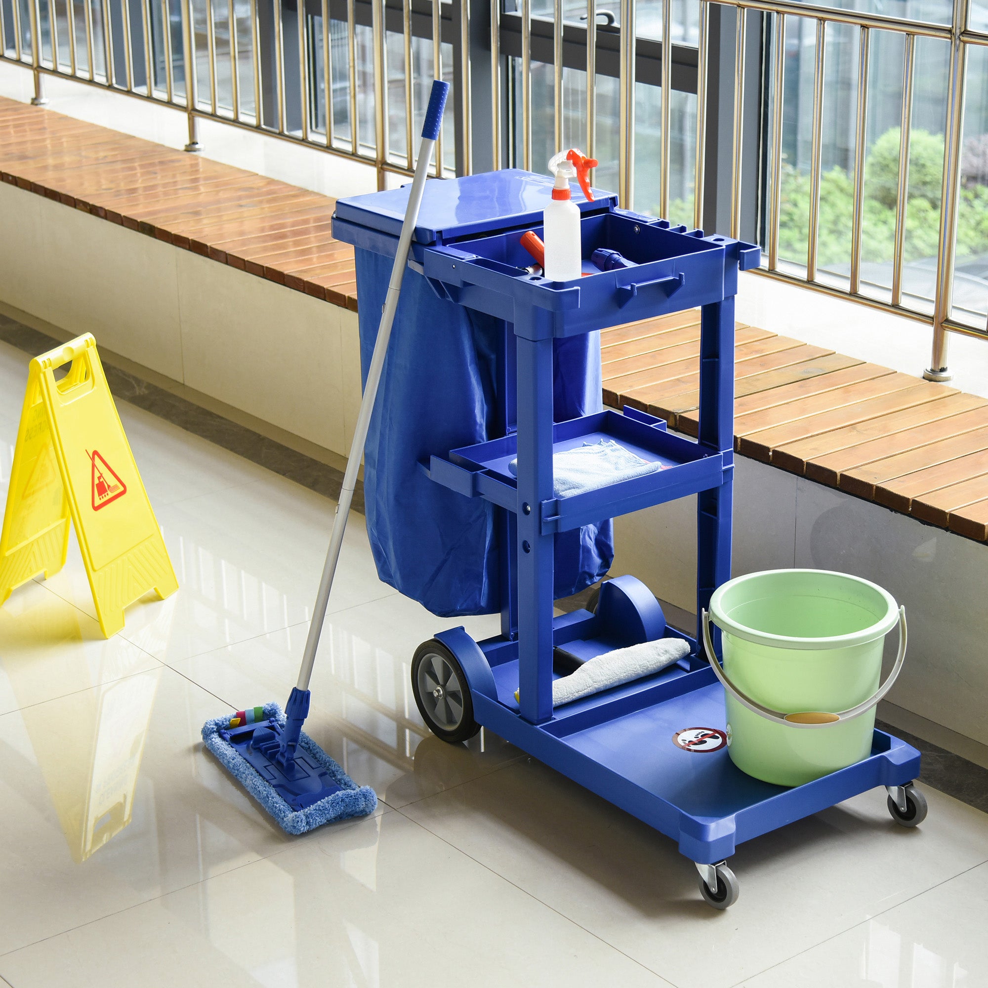 HOMCOM Commercial Janitorial Cart with 3 Tier Shelves Professional Cleaning Trolley with Rubbish Bag and Mop Mount for Hotel, Restaurant, Office, Blue