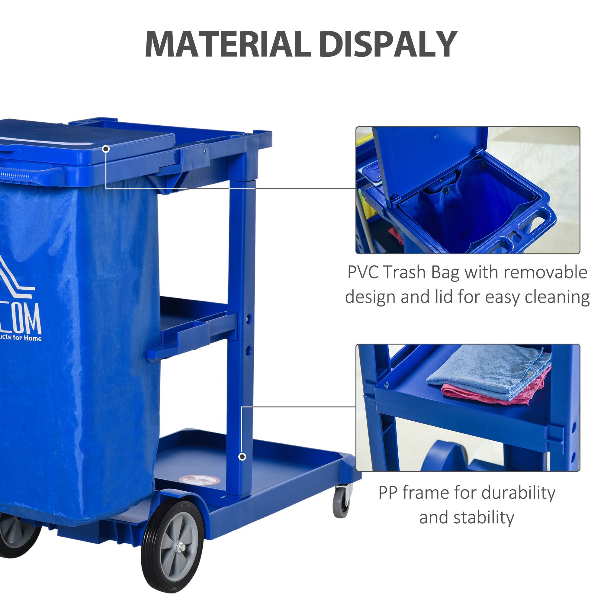 HOMCOM Commercial Janitorial Cart with 3 Tier Shelves Professional Cleaning Trolley with Rubbish Bag and Mop Mount for Hotel, Restaurant, Office, Blue