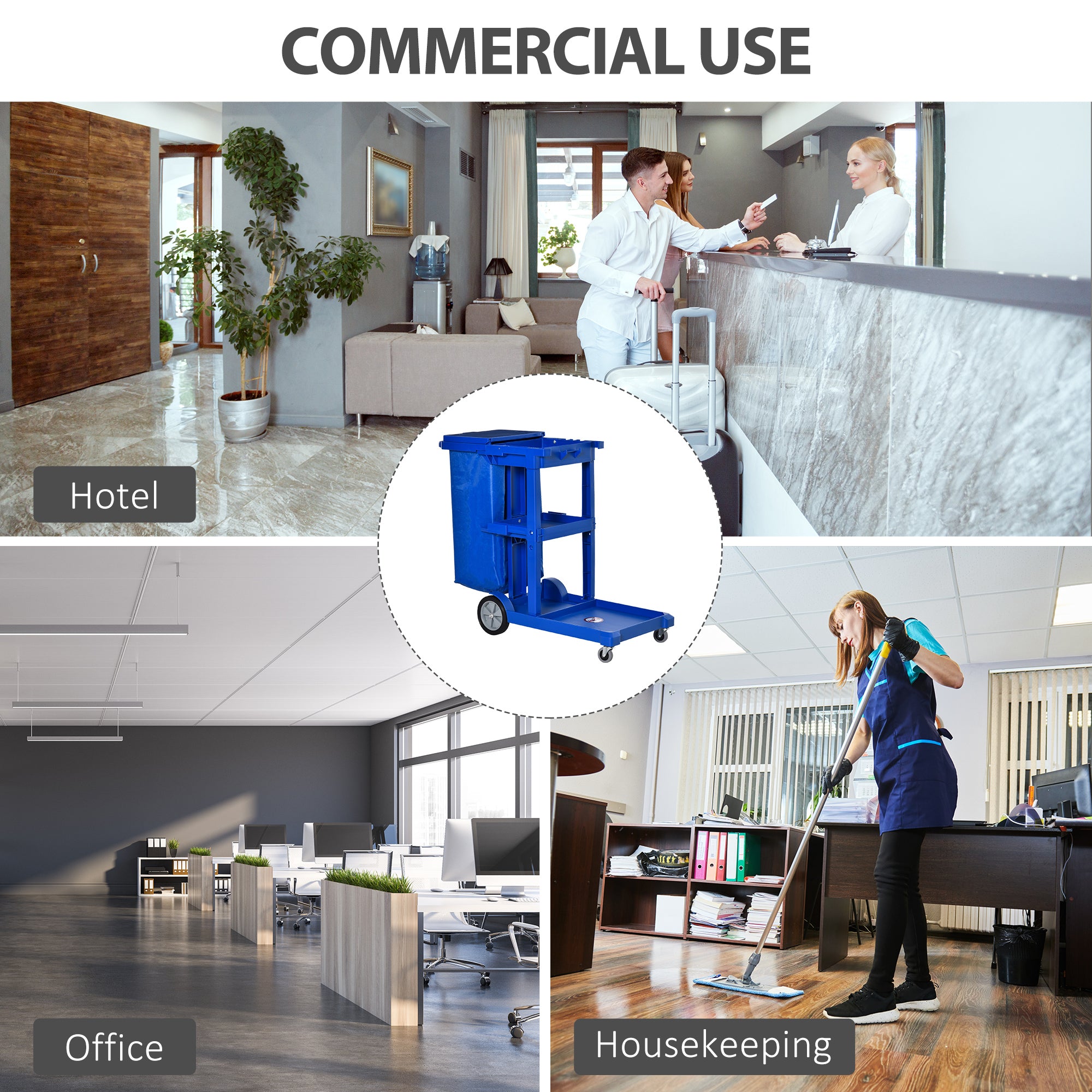 HOMCOM Commercial Janitorial Cart with 3 Tier Shelves Professional Cleaning Trolley with Rubbish Bag and Mop Mount for Hotel, Restaurant, Office, Blue