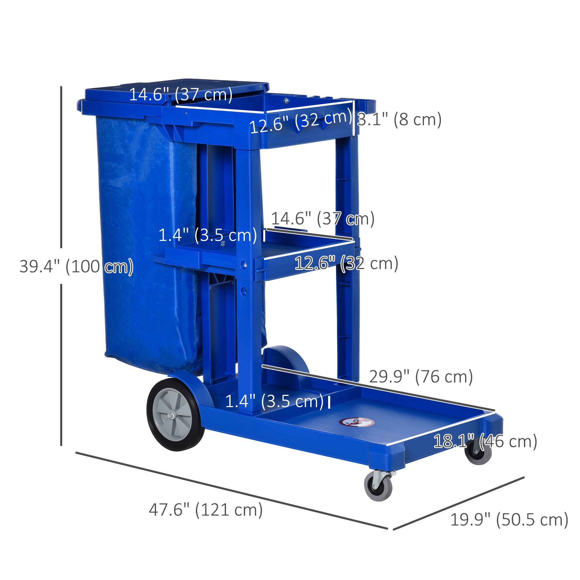 HOMCOM Commercial Janitorial Cart with 3 Tier Shelves Professional Cleaning Trolley with Rubbish Bag and Mop Mount for Hotel, Restaurant, Office, Blue