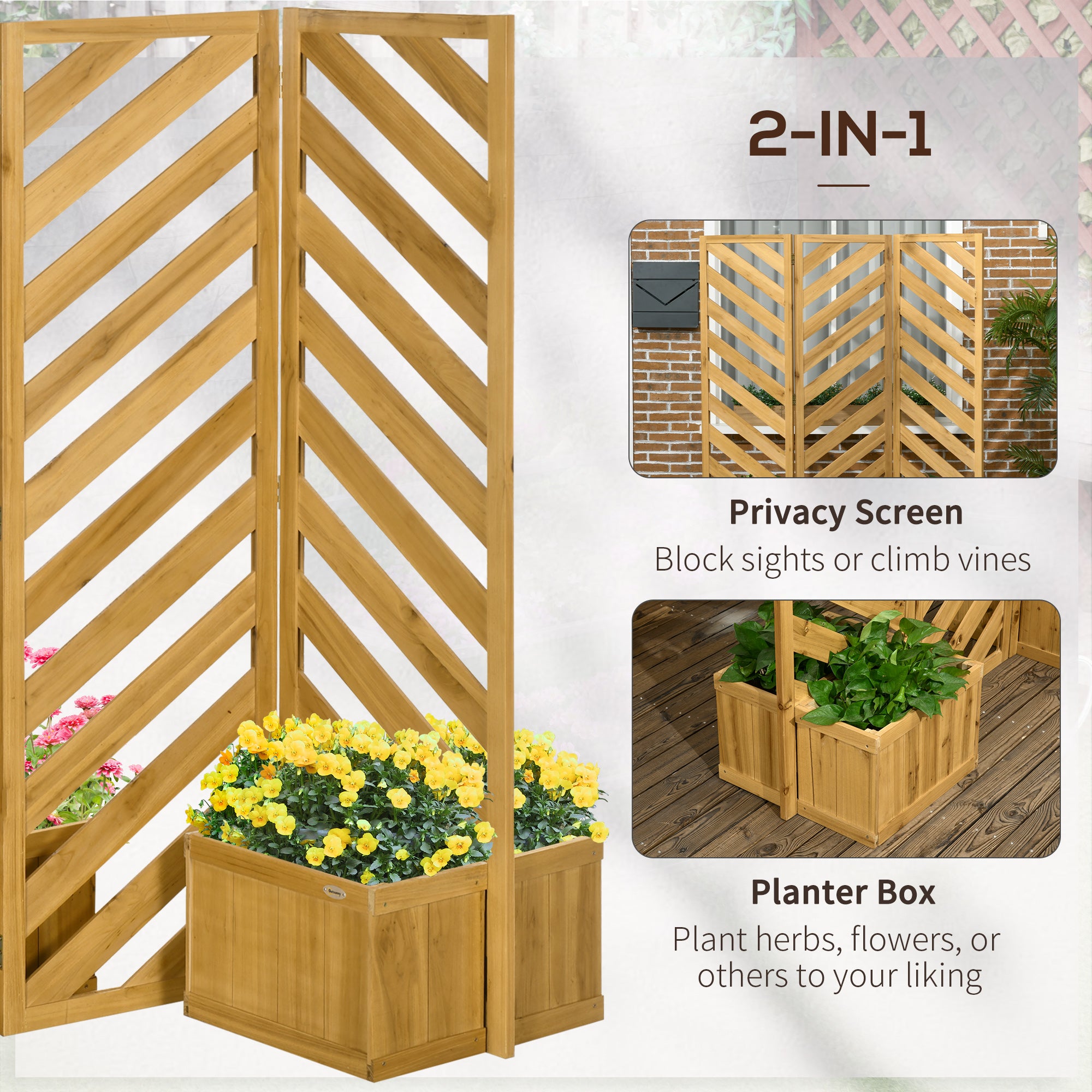 Outsunny Freestanding Outdoor Privacy Screen with 4 Self-Draining Raised Garden Beds, 3 Hinged Privacy Panels and for Hot Tub, Pool, Patio, Backyard, Deck, Brown