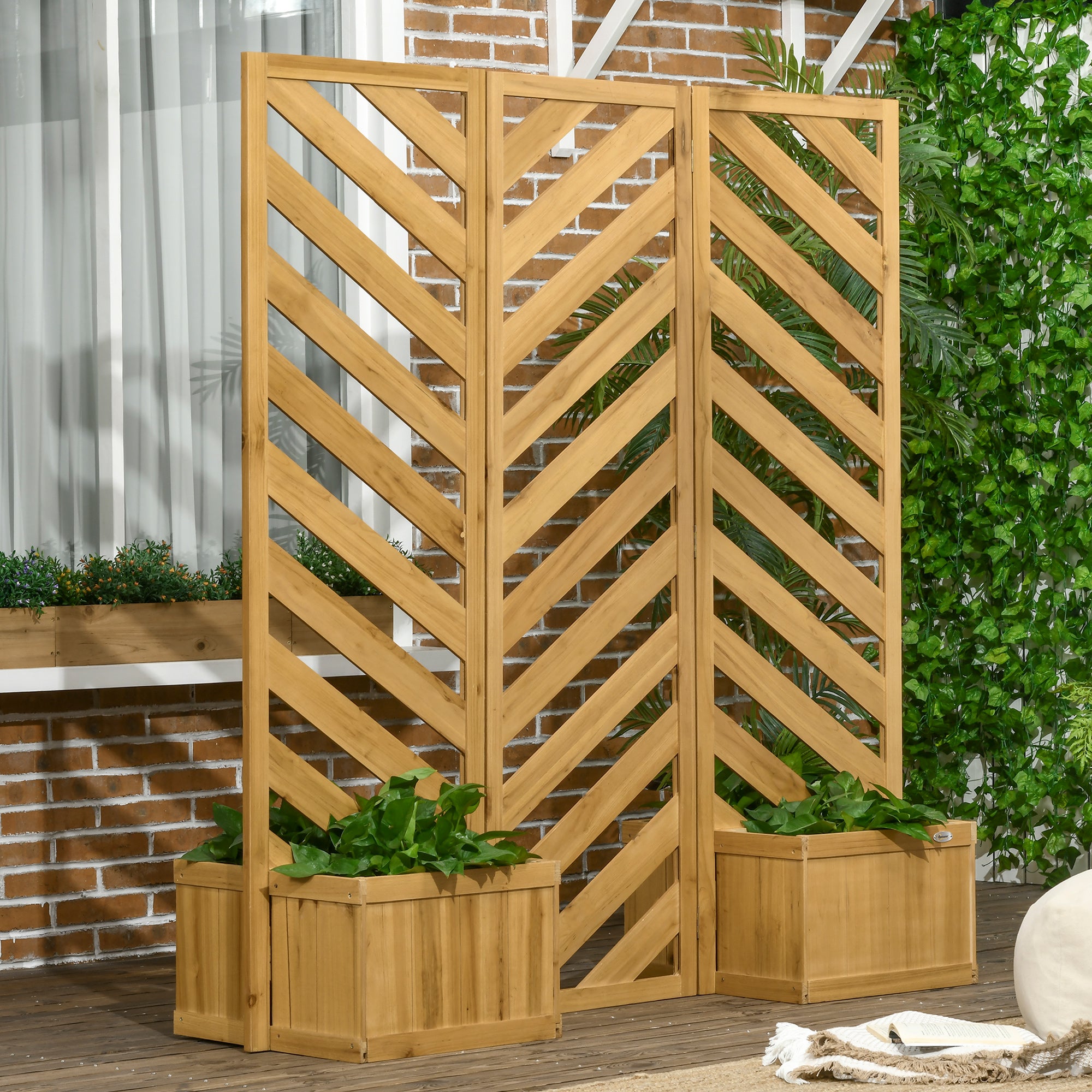 Outsunny Freestanding Outdoor Privacy Screen with 4 Self-Draining Raised Garden Beds, 3 Hinged Privacy Panels and for Hot Tub, Pool, Patio, Backyard, Deck, Brown