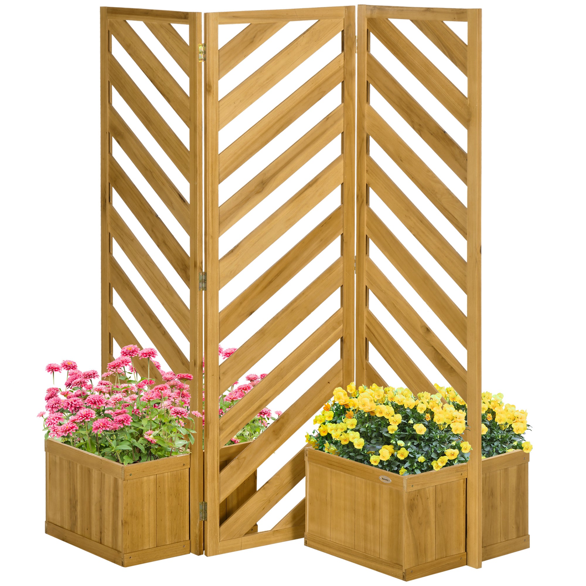 Outsunny Freestanding Outdoor Privacy Screen with 4 Self-Draining Raised Garden Beds, 3 Hinged Privacy Panels and for Hot Tub, Pool, Patio, Backyard, Deck, Brown