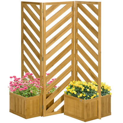 Outsunny Freestanding Outdoor Privacy Screen with 4 Self-Draining Raised Garden Beds, 3 Hinged Privacy Panels and for Hot Tub, Pool, Patio, Backyard, Deck, Brown