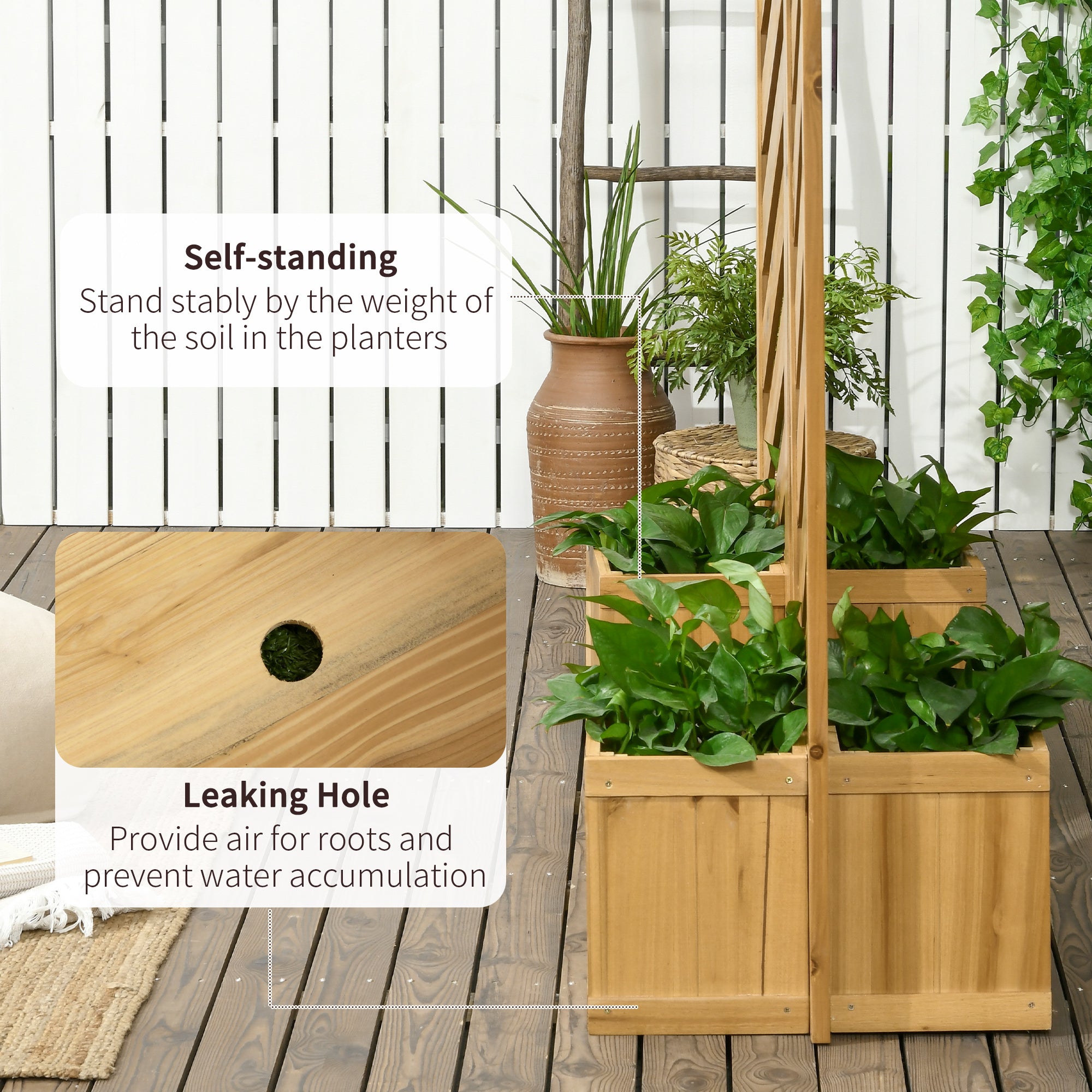 Outsunny Freestanding Outdoor Privacy Screen with 4 Self-Draining Raised Garden Beds, 3 Hinged Privacy Panels and for Hot Tub, Pool, Patio, Backyard, Deck, Brown