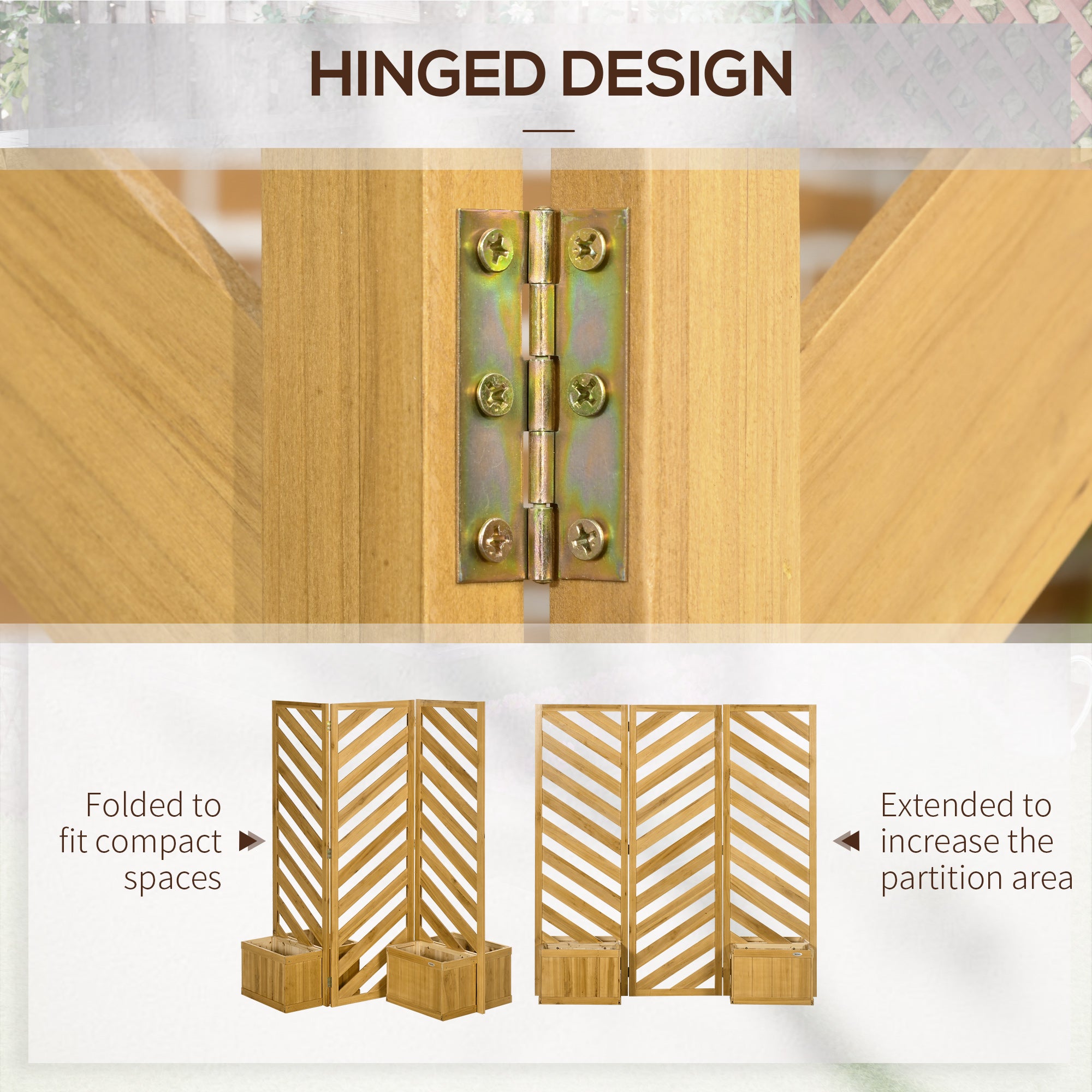 Outsunny Freestanding Outdoor Privacy Screen with 4 Self-Draining Raised Garden Beds, 3 Hinged Privacy Panels and for Hot Tub, Pool, Patio, Backyard, Deck, Brown