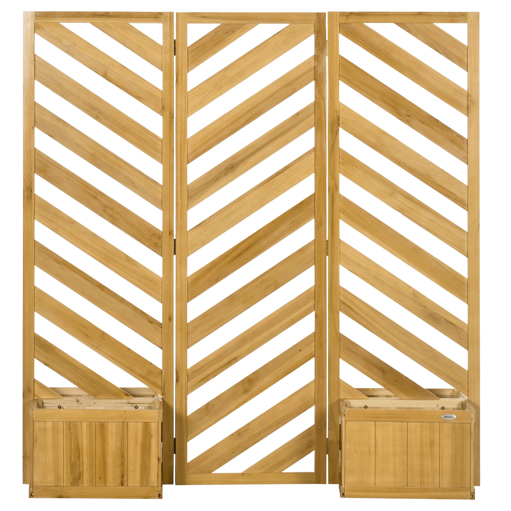 Outsunny Freestanding Outdoor Privacy Screen with 4 Self-Draining Raised Garden Beds, 3 Hinged Privacy Panels and for Hot Tub, Pool, Patio, Backyard, Deck, Brown