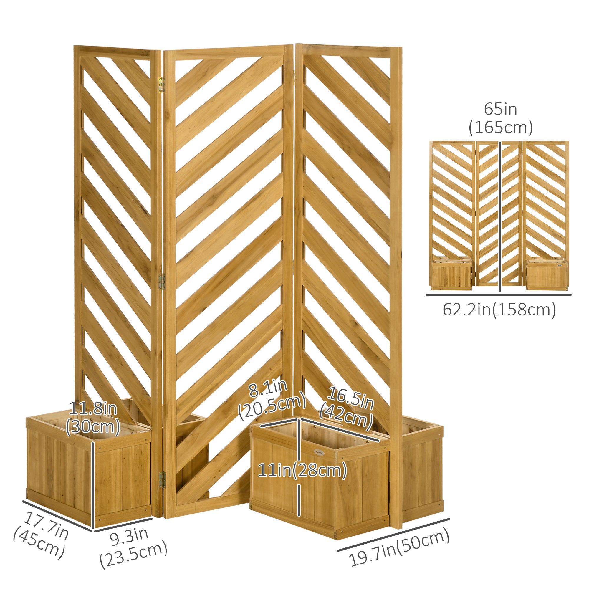 Outsunny Freestanding Outdoor Privacy Screen with 4 Self-Draining Raised Garden Beds, 3 Hinged Privacy Panels and for Hot Tub, Pool, Patio, Backyard, Deck, Brown
