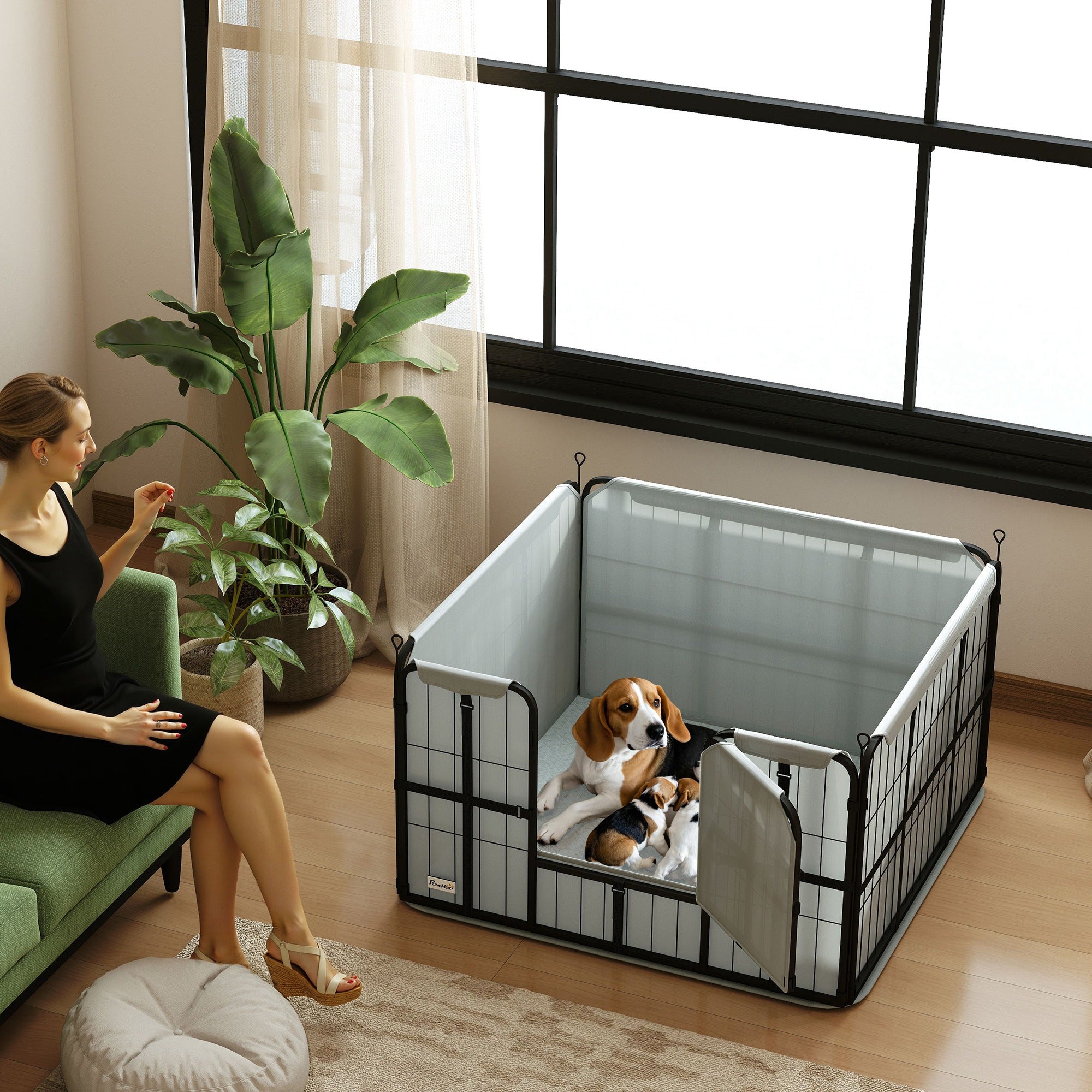 PawHut Whelping Box for Dogs and Puppies, 4 Panel Whelping Pen with Washable Whelping Pad, Windproof Cloth, Lockable Door, Dog Playpen for Indoor Outdoor, for Small & Medium Dogs, 102 x 102 x 60cm