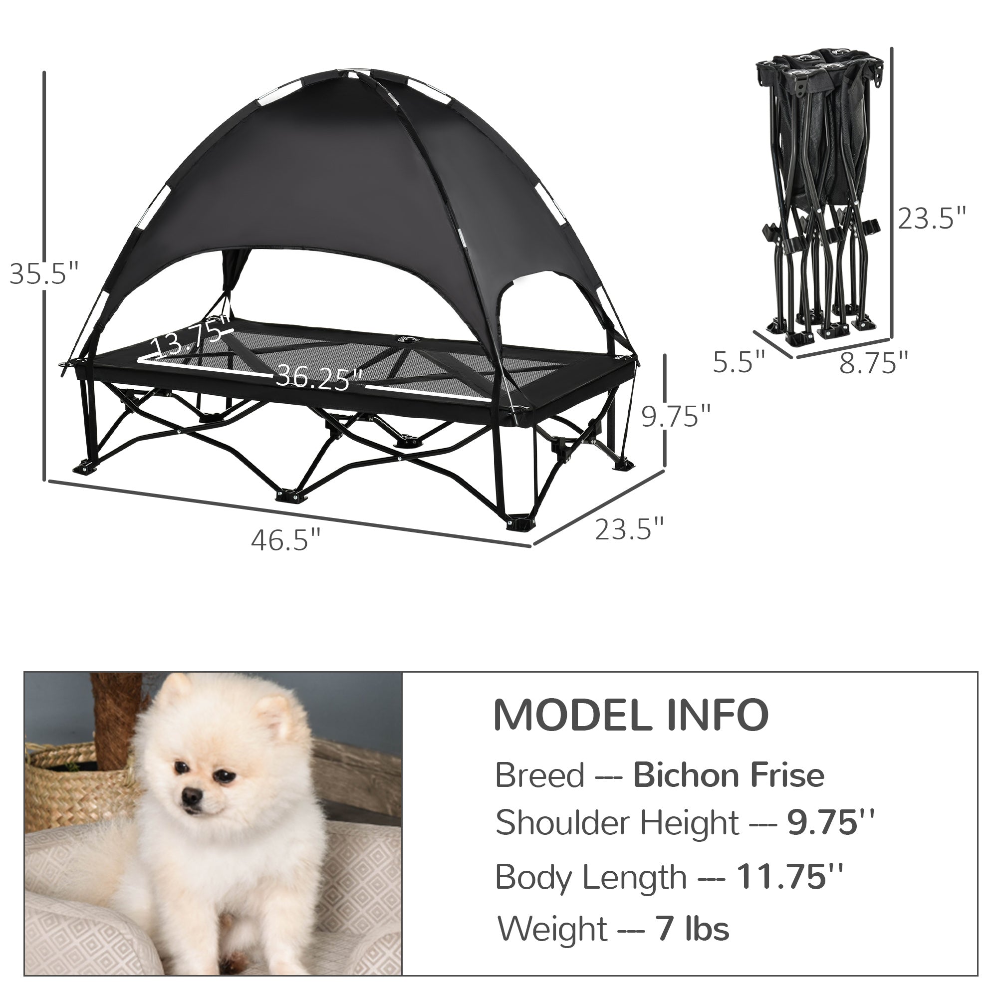 PawHut Elevated Dog Bed with Removable Canopy, Foldable Raised Pet Cot with Carry Bag, Ventilated Cooling Pet Bed for Medium, Large and Extra Large Dogs, Black