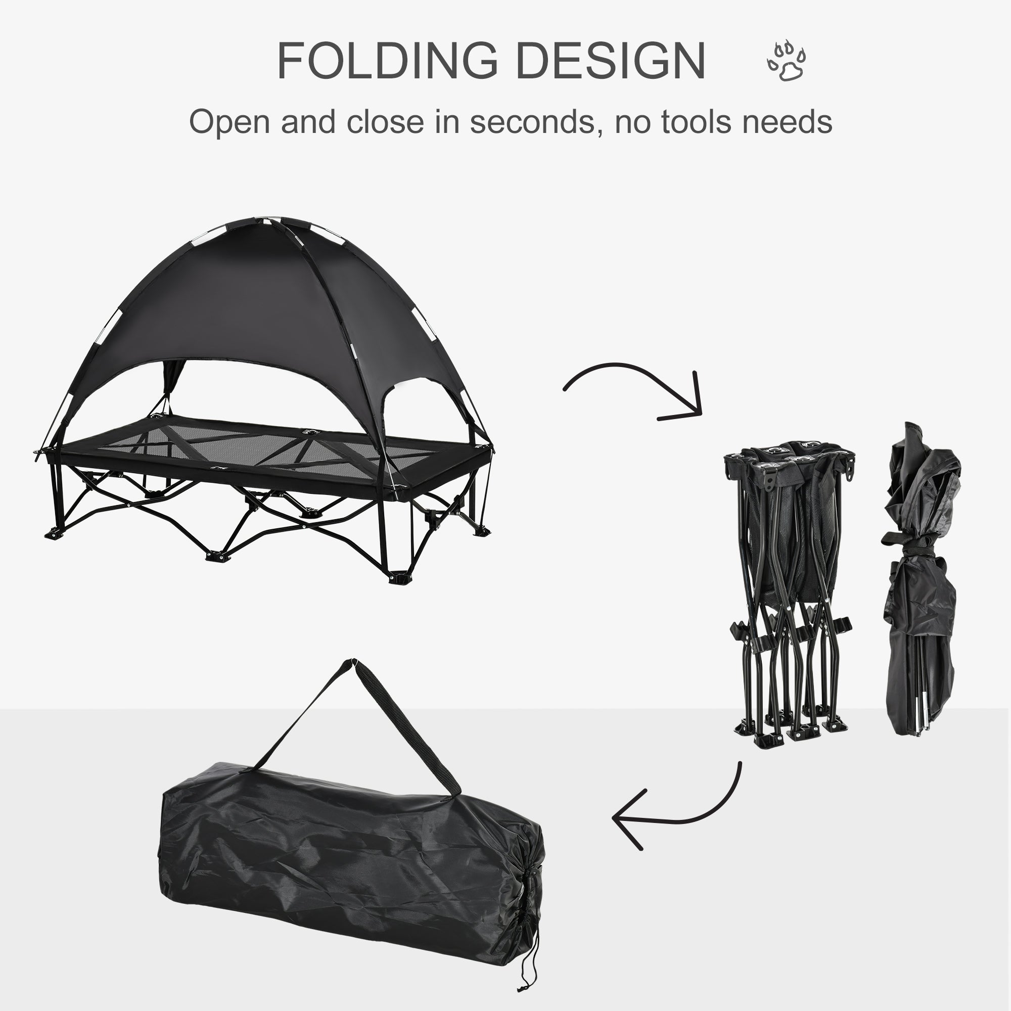 PawHut Elevated Pet Cot with Removable Canopy Shade UV Protection Portable Foldable Raised Bed Cot Carry Bag for Large and Medium-sized Dogs Indoor Outdoor Black