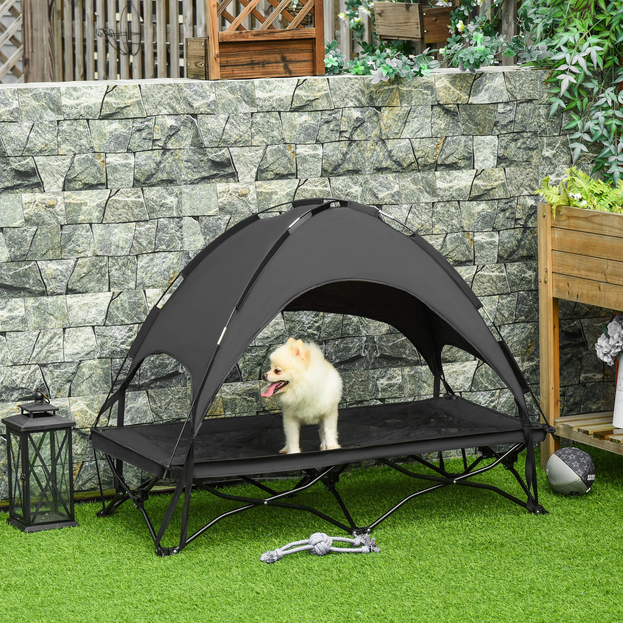 PawHut Elevated Pet Cot with Removable Canopy Shade UV Protection Portable Foldable Raised Bed Cot Carry Bag for Large and Medium-sized Dogs Indoor Outdoor Black