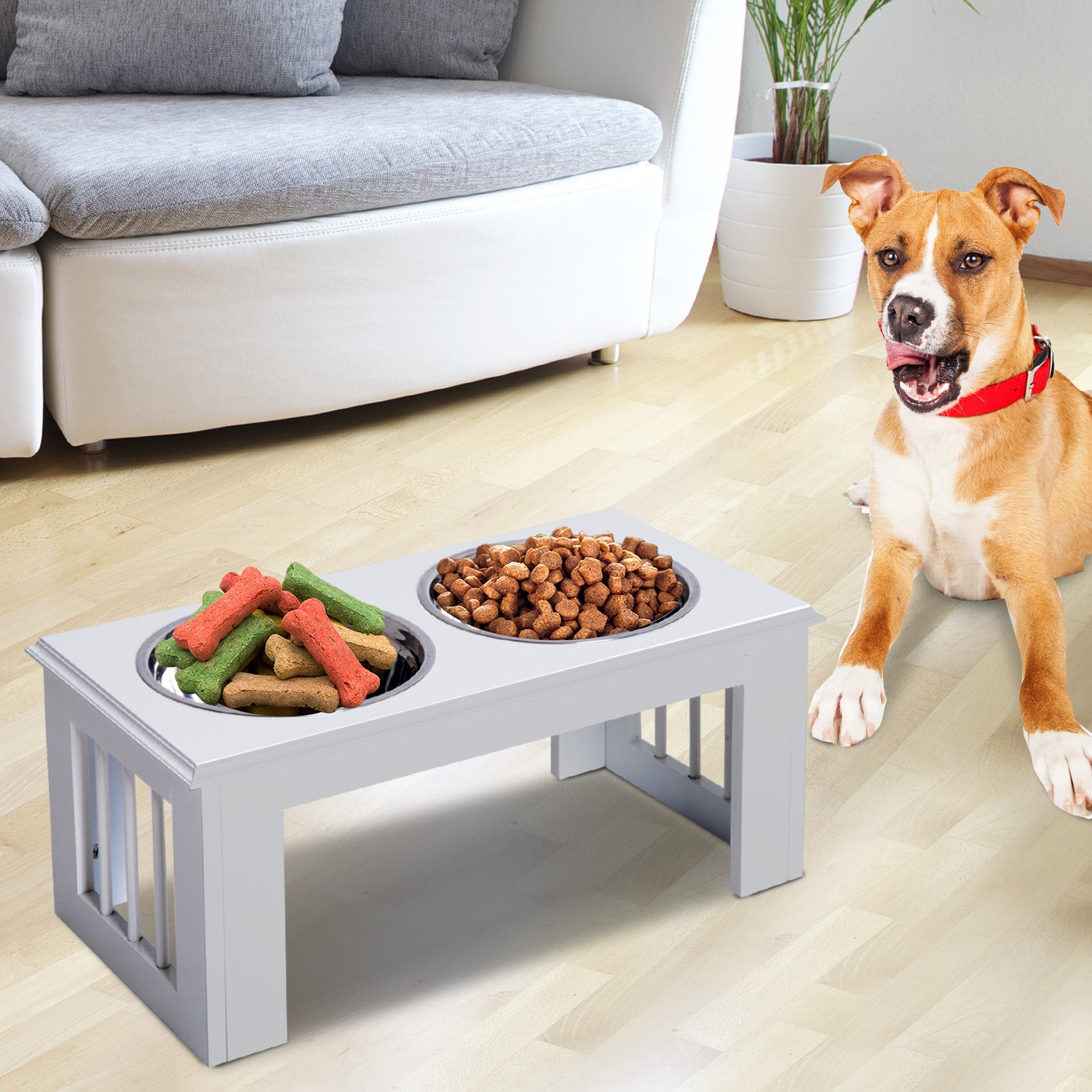 PawHut Raised Dog Bowl Feeding Bowls with Stand for Medium Dogs Elevated Pet Bowls Water Food Feeder 58L x 31W x 25H cm - White