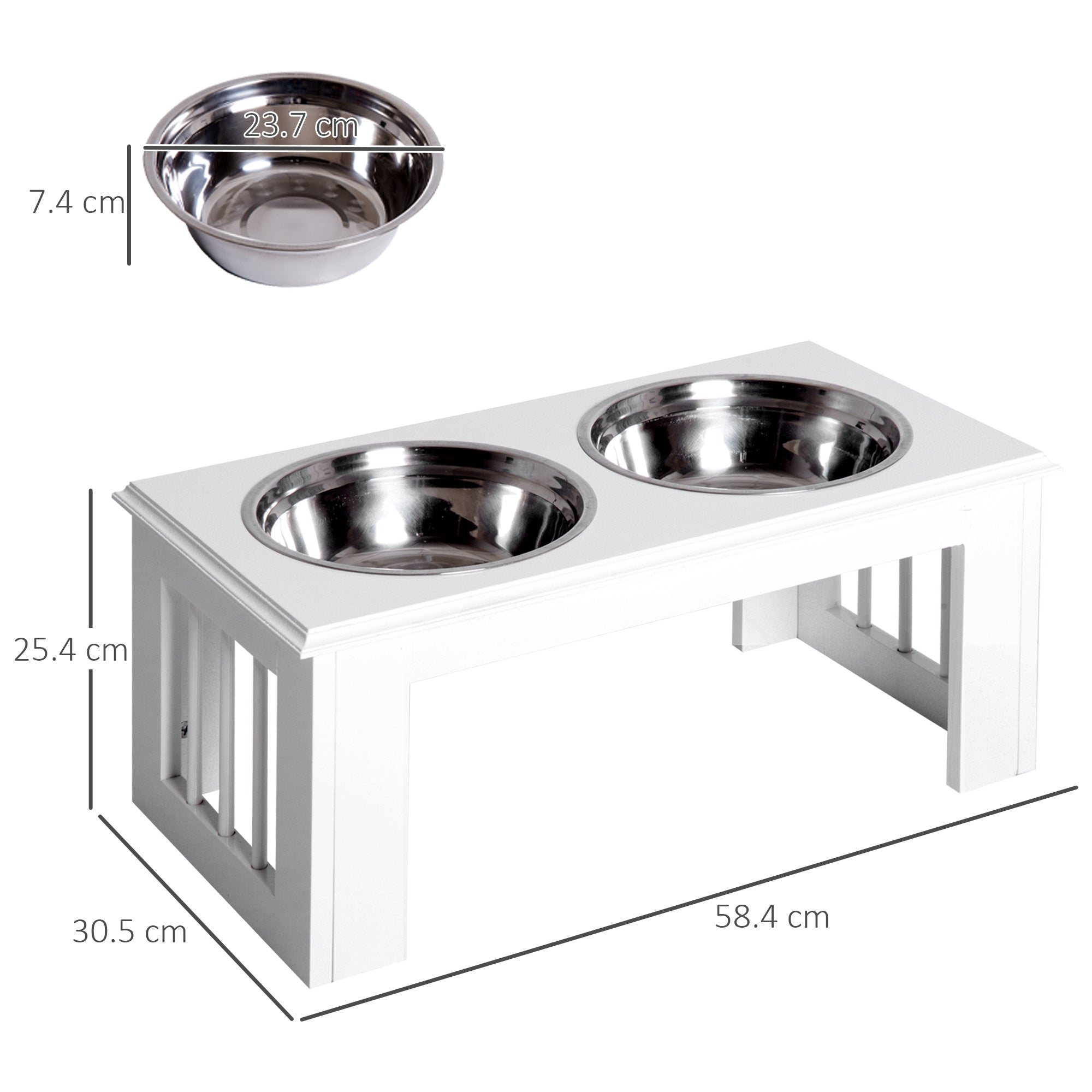 PawHut Raised Dog Bowl Feeding Bowls with Stand for Medium Dogs Elevated Pet Bowls Water Food Feeder 58L x 31W x 25H cm - White