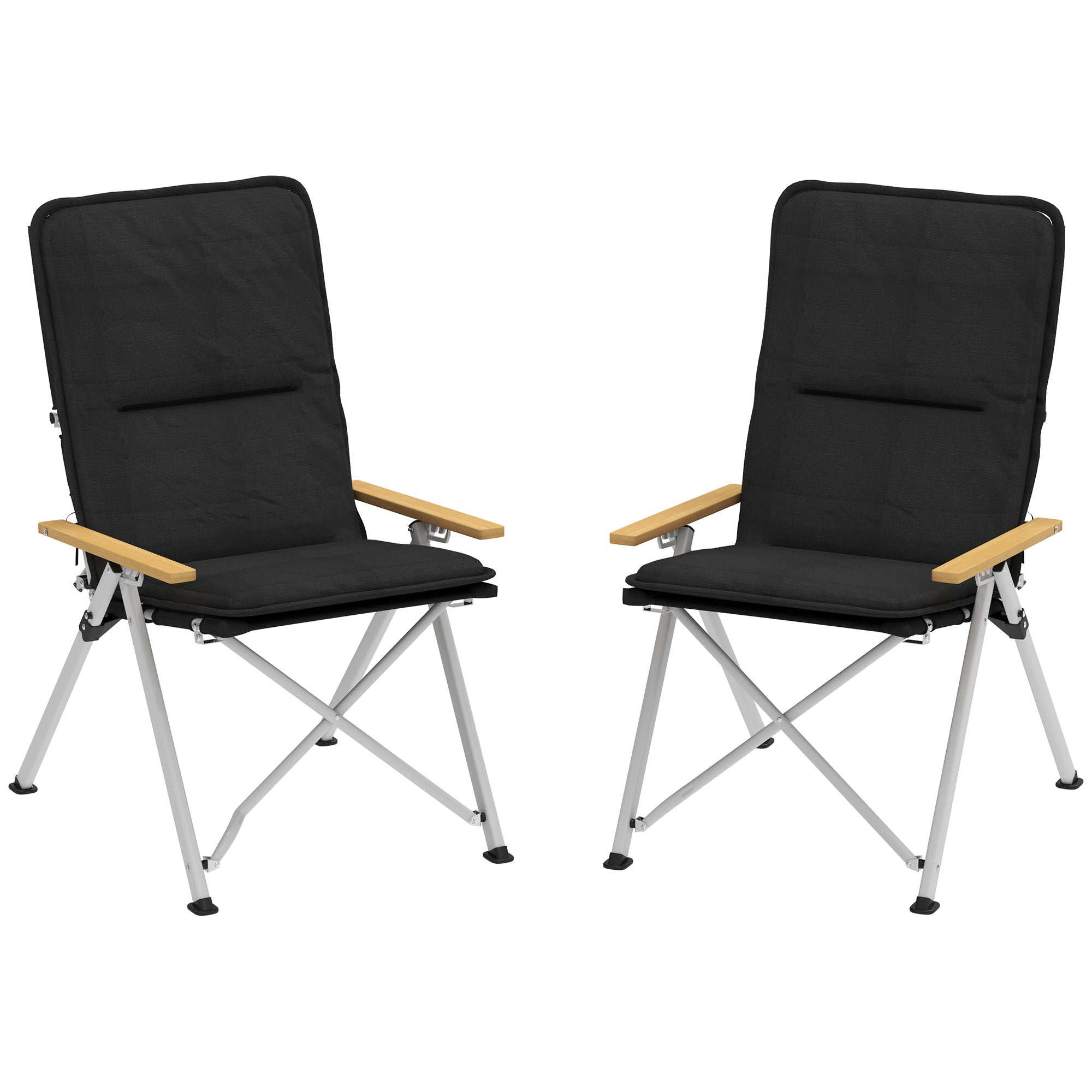 Outsunny Folding Camping Chairs 2 Pack, Portable Adjustable Camp Chair with Padded Seat and Carry Bag, Outdoor High Back Recliner for Hiking, Fishing, Beach, Picnic and Lawn, Black