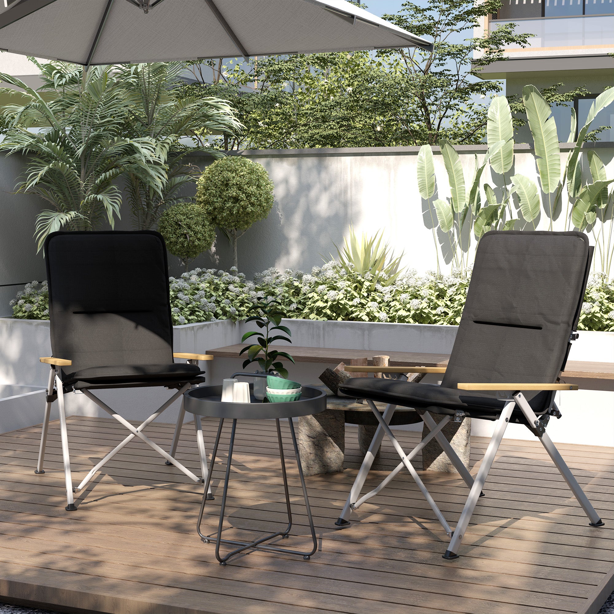 Outsunny Folding Camping Chairs 2 Pack, Portable Adjustable Camp Chair with Padded Seat and Carry Bag, Outdoor High Back Recliner for Hiking, Fishing, Beach, Picnic and Lawn, Black