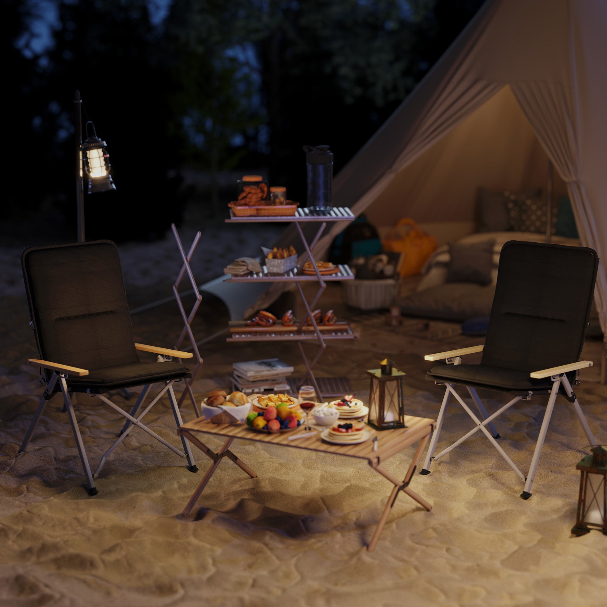 Outsunny Folding Camping Chairs 2 Pack, Portable Adjustable Camp Chair with Padded Seat and Carry Bag, Outdoor High Back Recliner for Hiking, Fishing, Beach, Picnic and Lawn, Black