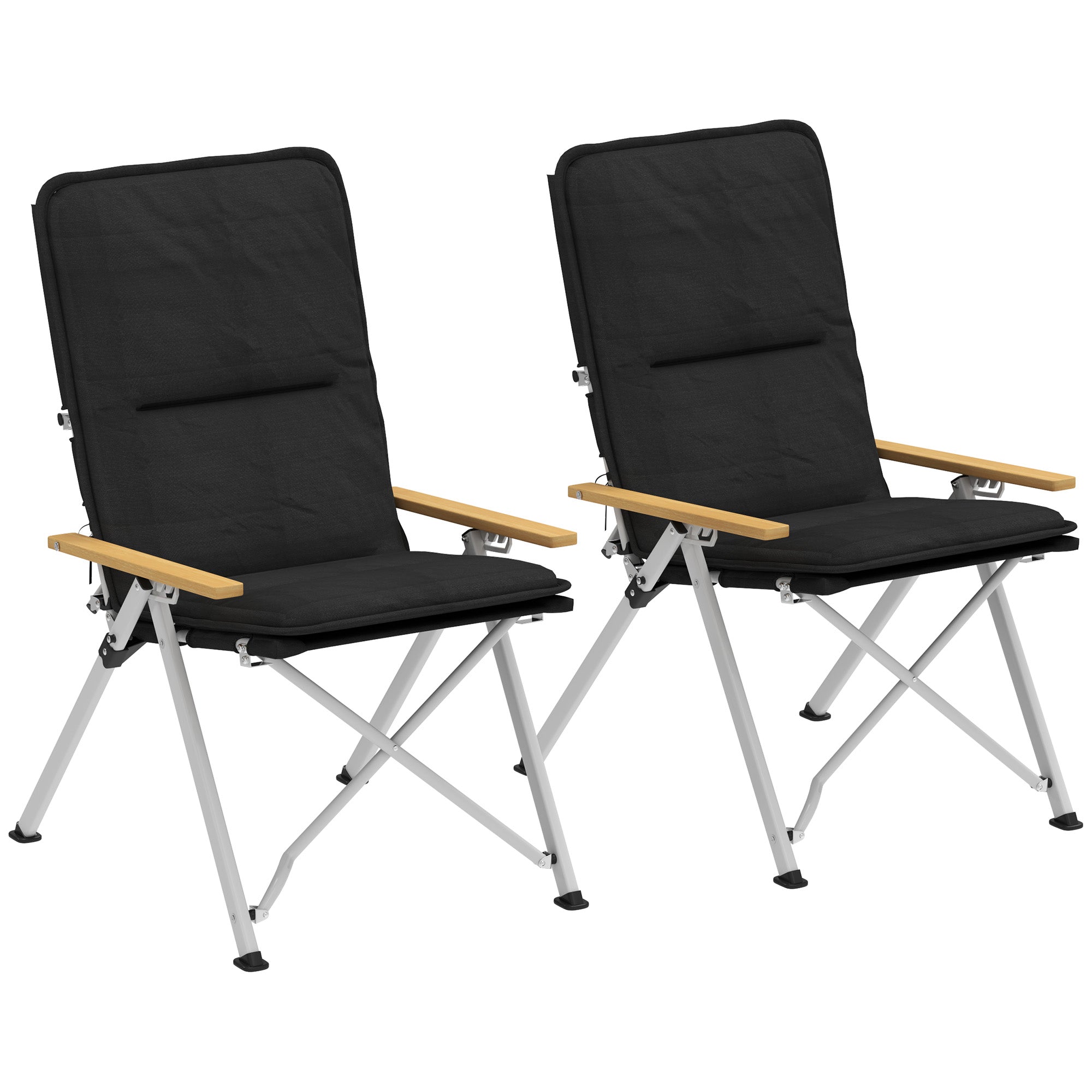 Outsunny Folding Camping Chairs 2 Pack, Portable Adjustable Camp Chair with Padded Seat and Carry Bag, Outdoor High Back Recliner for Hiking, Fishing, Beach, Picnic and Lawn, Black
