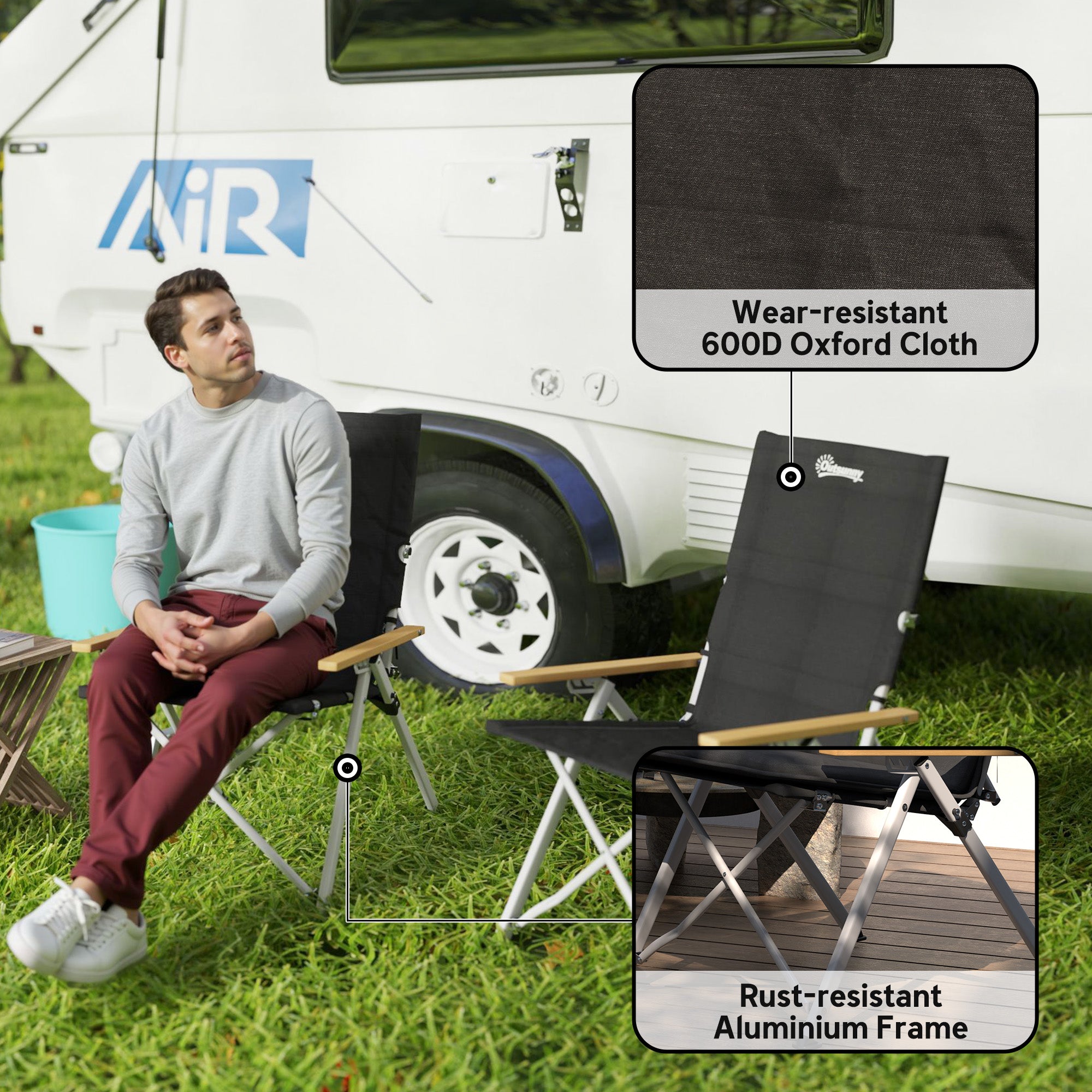 Outsunny Folding Camping Chairs 2 Pack, Portable Adjustable Camp Chair with Padded Seat and Carry Bag, Outdoor High Back Recliner for Hiking, Fishing, Beach, Picnic and Lawn, Black