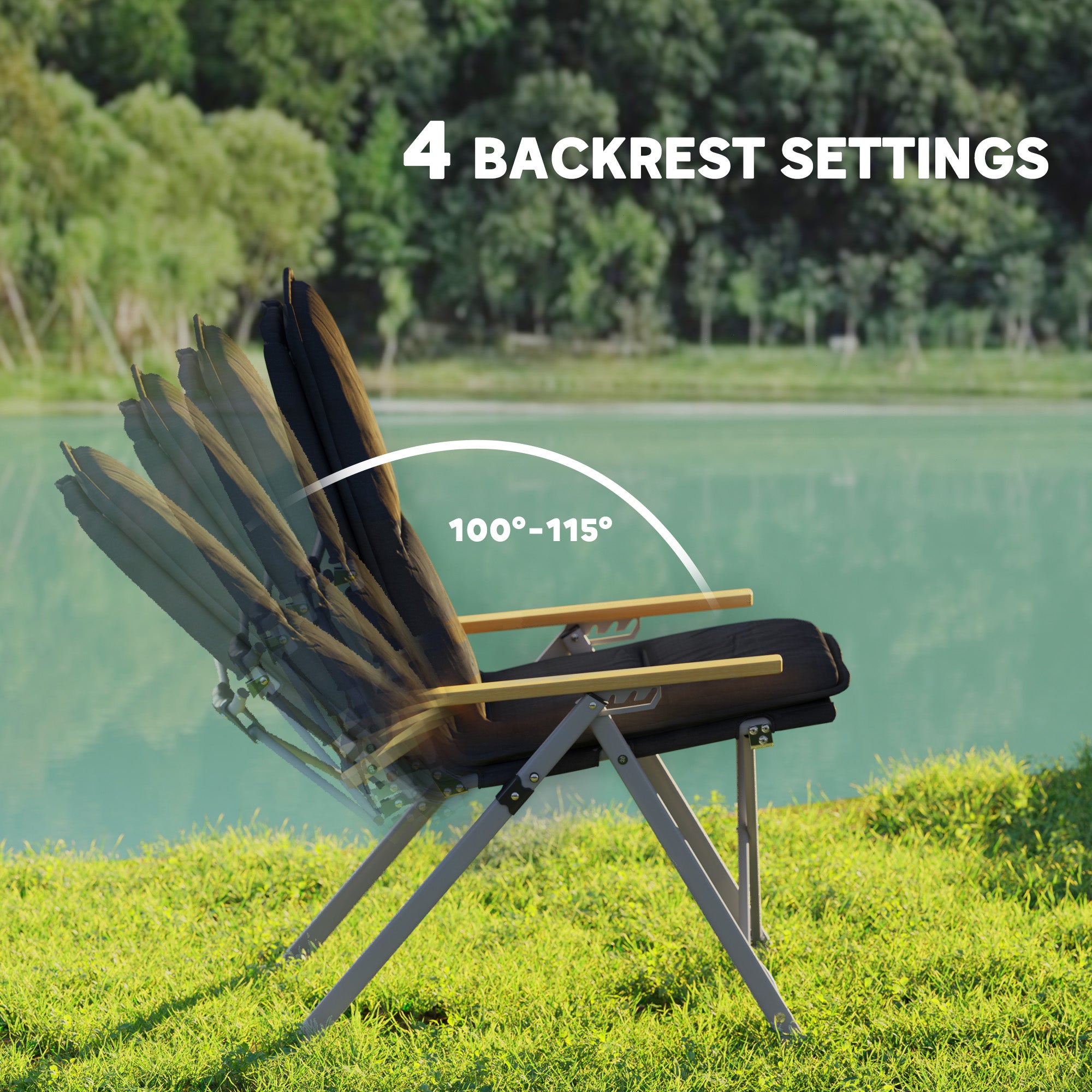 Outsunny Folding Camping Chairs 2 Pack, Portable Adjustable Camp Chair with Padded Seat and Carry Bag, Outdoor High Back Recliner for Hiking, Fishing, Beach, Picnic and Lawn, Black