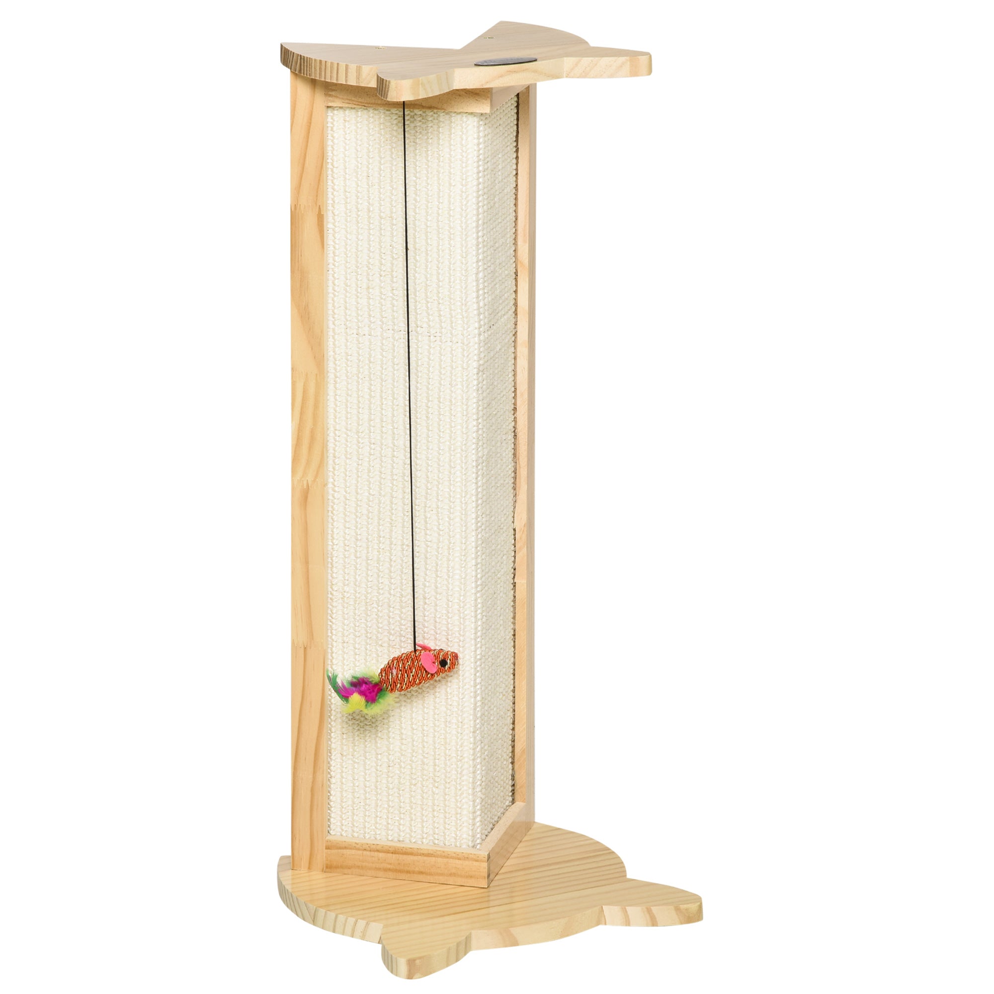 PawHut Sisal Cat Scratching Post, Cute Cat Scratcher with Hanging Funny Toy, 90° Angle for Wall Table Corners, Natural