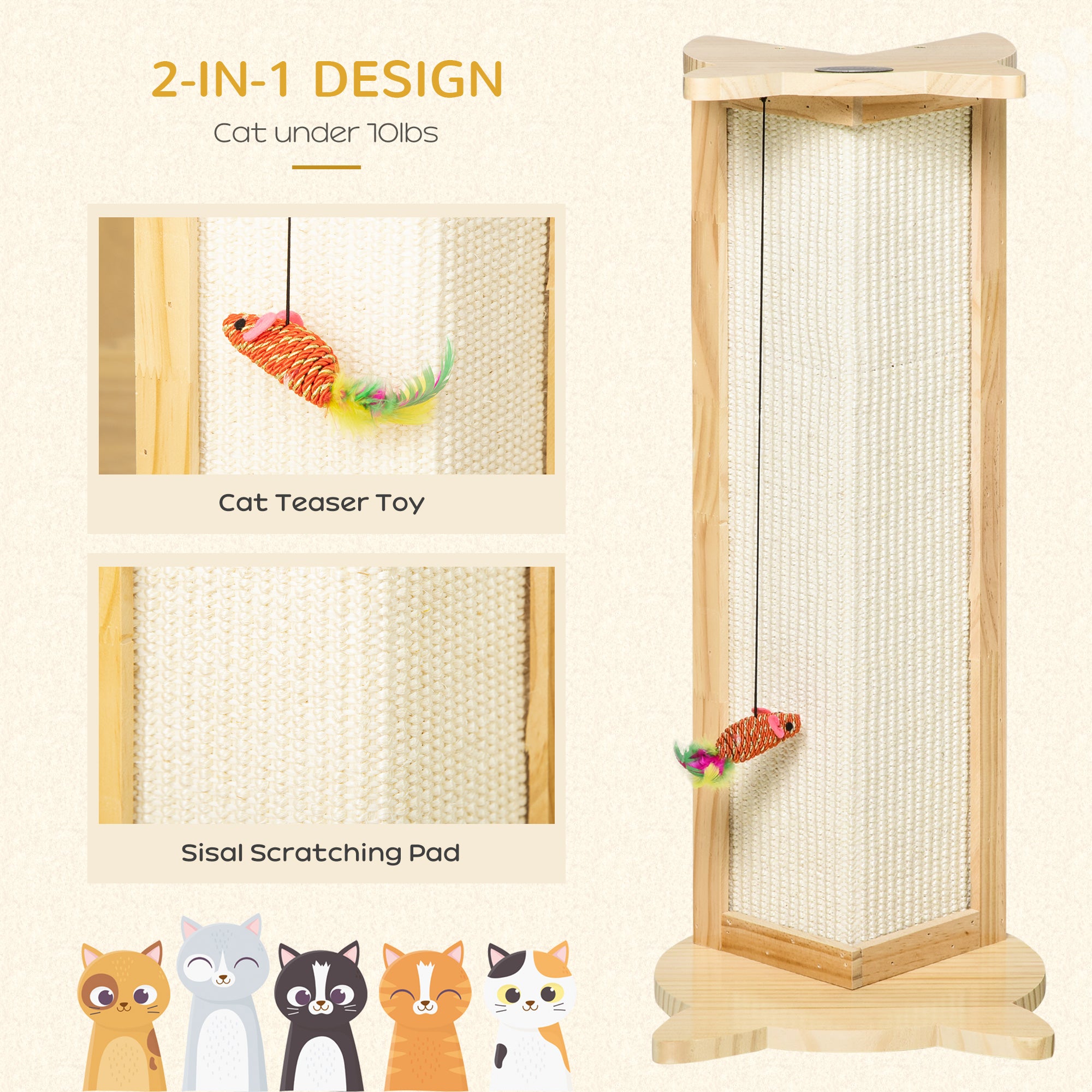 PawHut Sisal Cat Scratching Post, Cute Cat Scratcher with Hanging Funny Toy, 90° Angle for Wall Table Corners, Natural