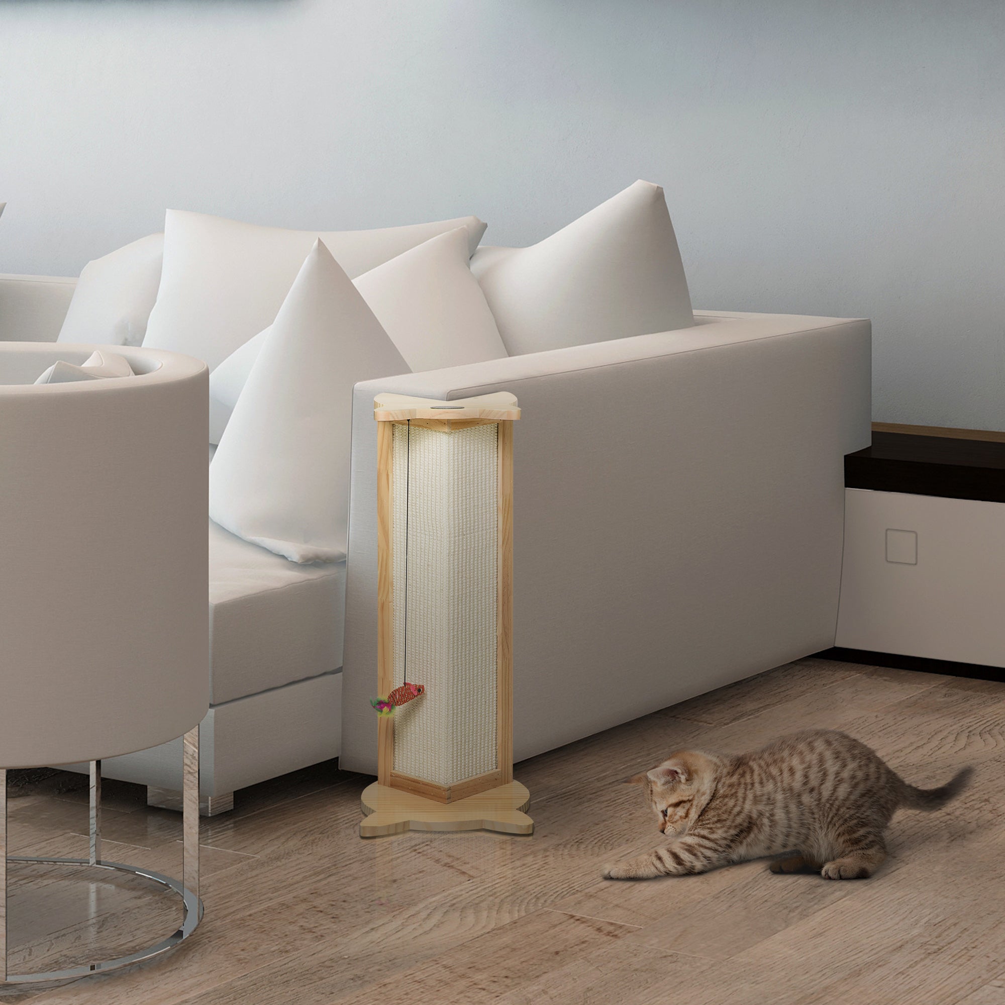PawHut Sisal Cat Scratching Post, Cute Cat Scratcher with Hanging Funny Toy, 90° Angle for Wall Table Corners, Natural