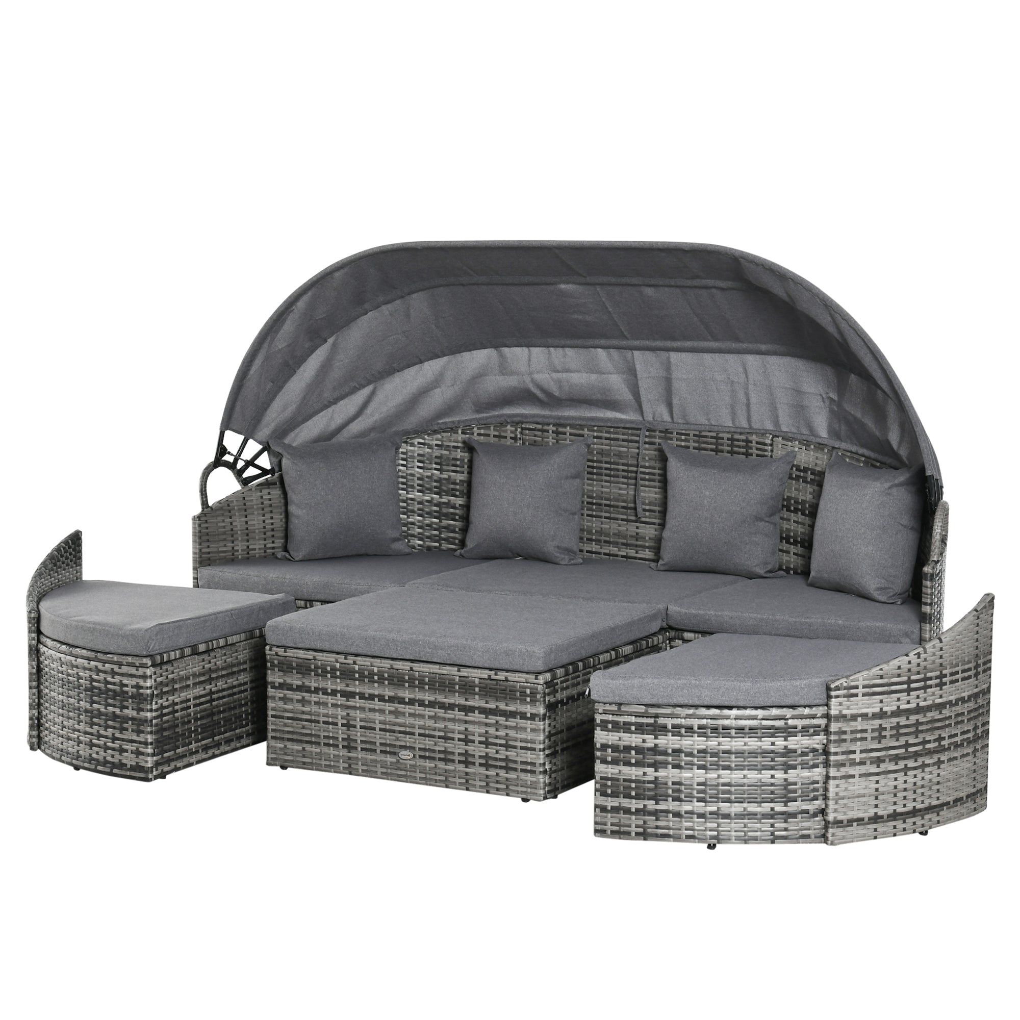 Outsunny 4 Pieces Rattan Daybed Patio PE Wicker Round Furniture Outdoor Rattan Garden Lounge Sofa Sets Sectional Conversation Set with Canopy, Cushions, & Pillows, Grey