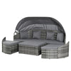 Outsunny 4 Pieces Rattan Daybed Patio PE Wicker Round Furniture Outdoor Rattan Garden Lounge Sofa Sets Sectional Conversation Set with Canopy, Cushions, & Pillows, Grey