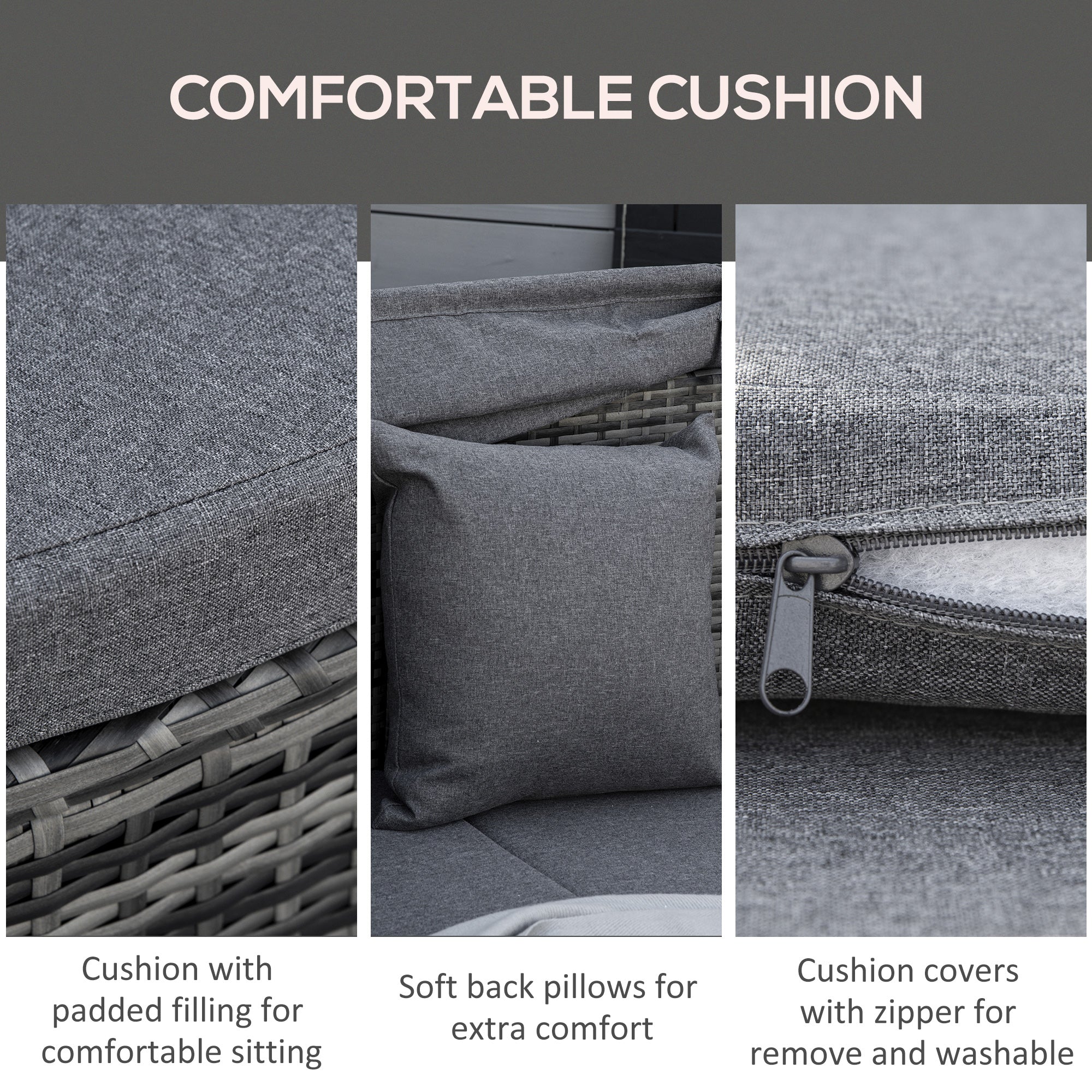 Outsunny 4 Pieces Rattan Daybed Patio PE Wicker Round Furniture Outdoor Rattan Garden Lounge Sofa Sets Sectional Conversation Set with Canopy, Cushions, & Pillows, Grey