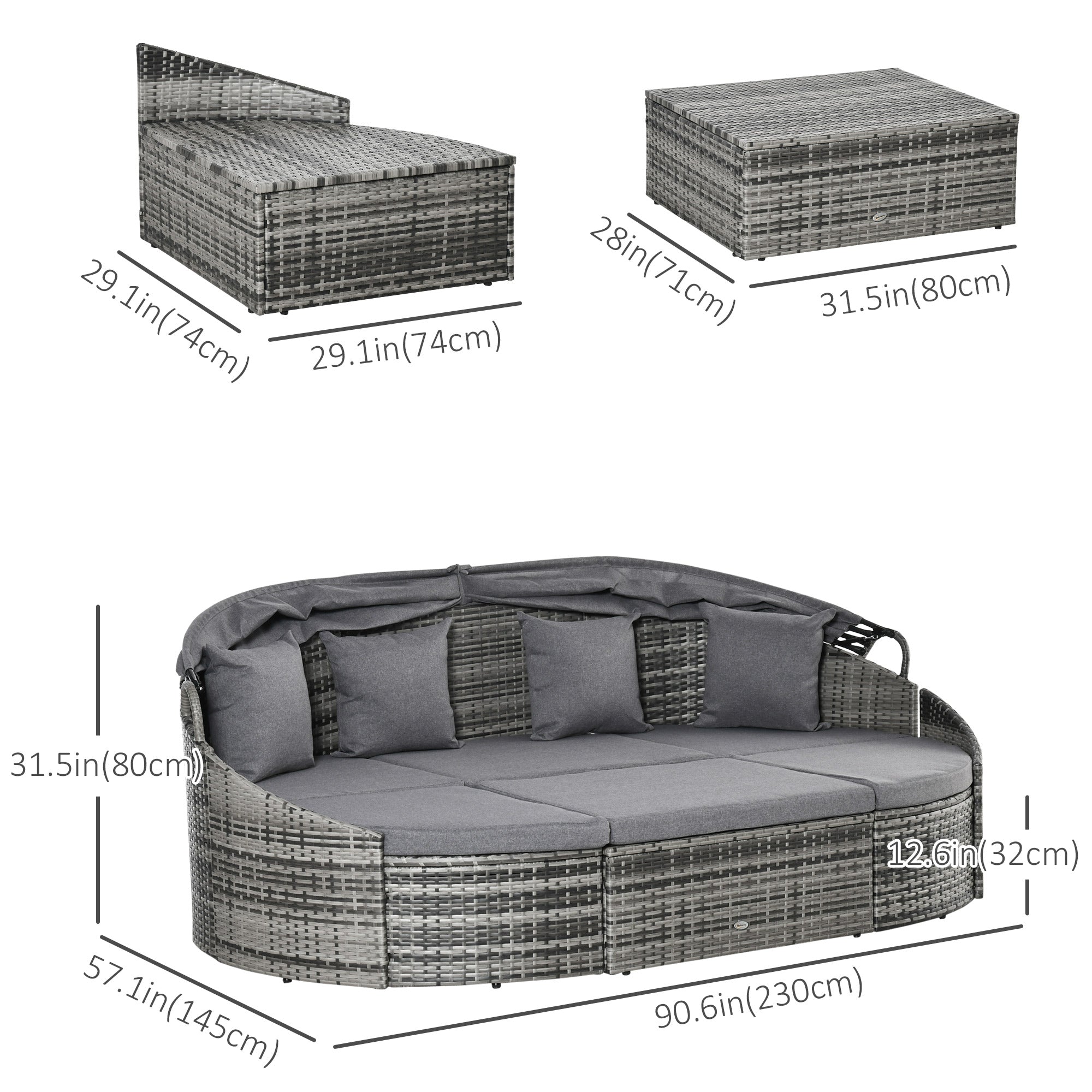 Outsunny 4 Pieces Rattan Daybed Patio PE Wicker Round Furniture Outdoor Rattan Garden Lounge Sofa Sets Sectional Conversation Set with Canopy, Cushions, & Pillows, Grey