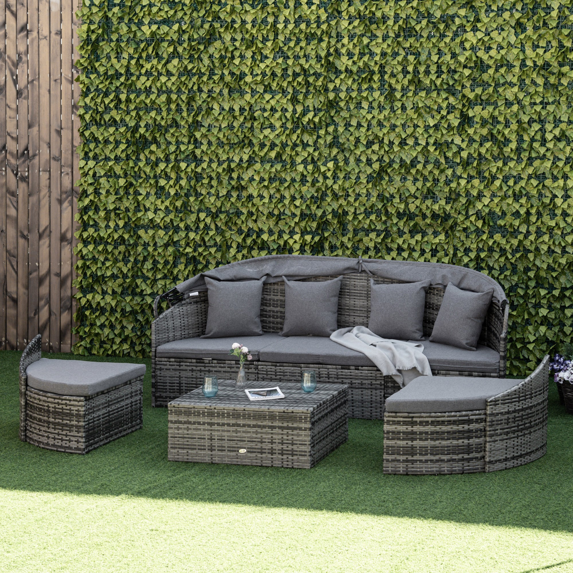 Outsunny 4 Pieces Rattan Daybed Patio PE Wicker Round Furniture Outdoor Rattan Garden Lounge Sofa Sets Sectional Conversation Set with Canopy, Cushions, & Pillows, Grey