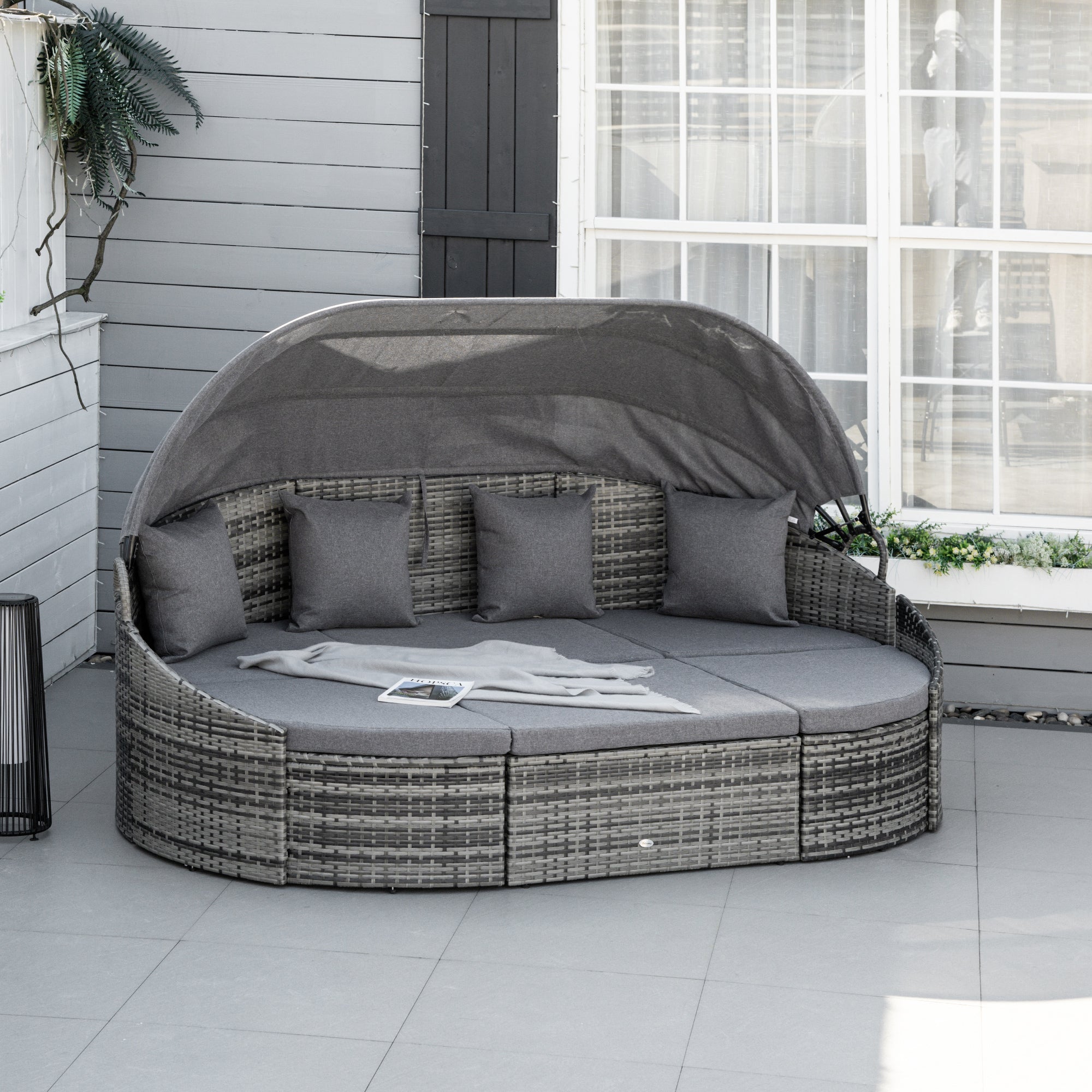 Outsunny 4 Pieces Rattan Daybed Patio PE Wicker Round Furniture Outdoor Rattan Garden Lounge Sofa Sets Sectional Conversation Set with Canopy, Cushions, & Pillows, Grey