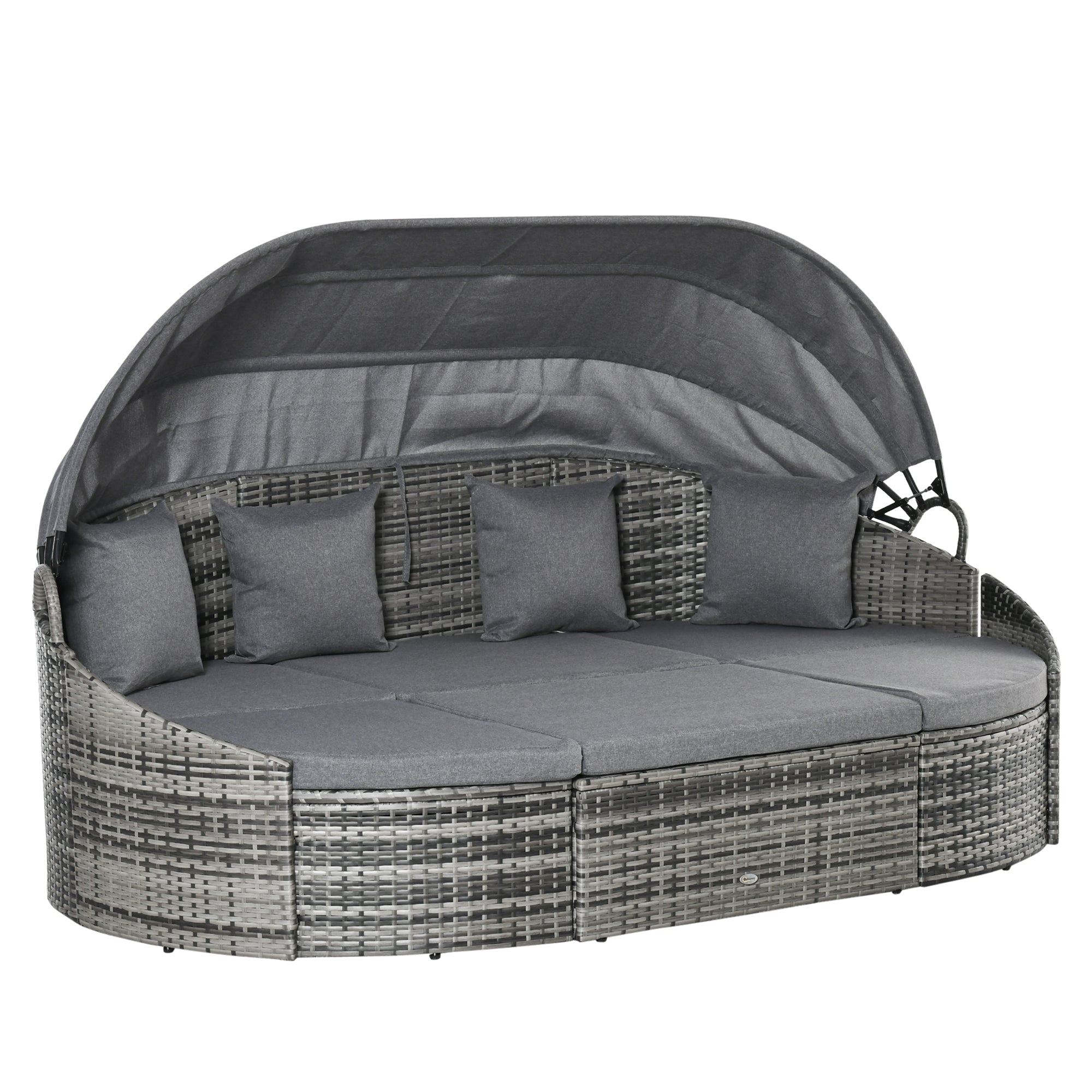 Outsunny 4 Pieces Rattan Daybed Patio PE Wicker Round Furniture Outdoor Rattan Garden Lounge Sofa Sets Sectional Conversation Set with Canopy, Cushions, & Pillows, Grey
