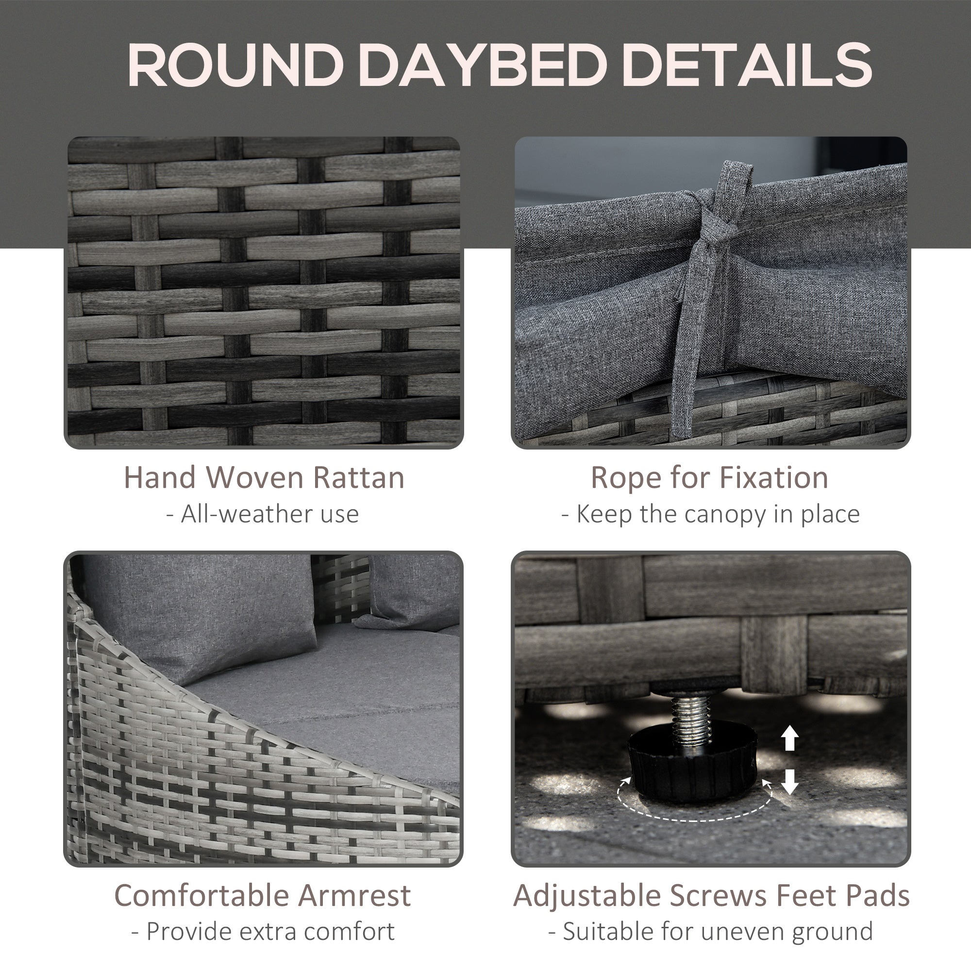 Outsunny 4 Pieces Rattan Daybed Patio PE Wicker Round Furniture Outdoor Rattan Garden Lounge Sofa Sets Sectional Conversation Set with Canopy, Cushions, & Pillows, Grey