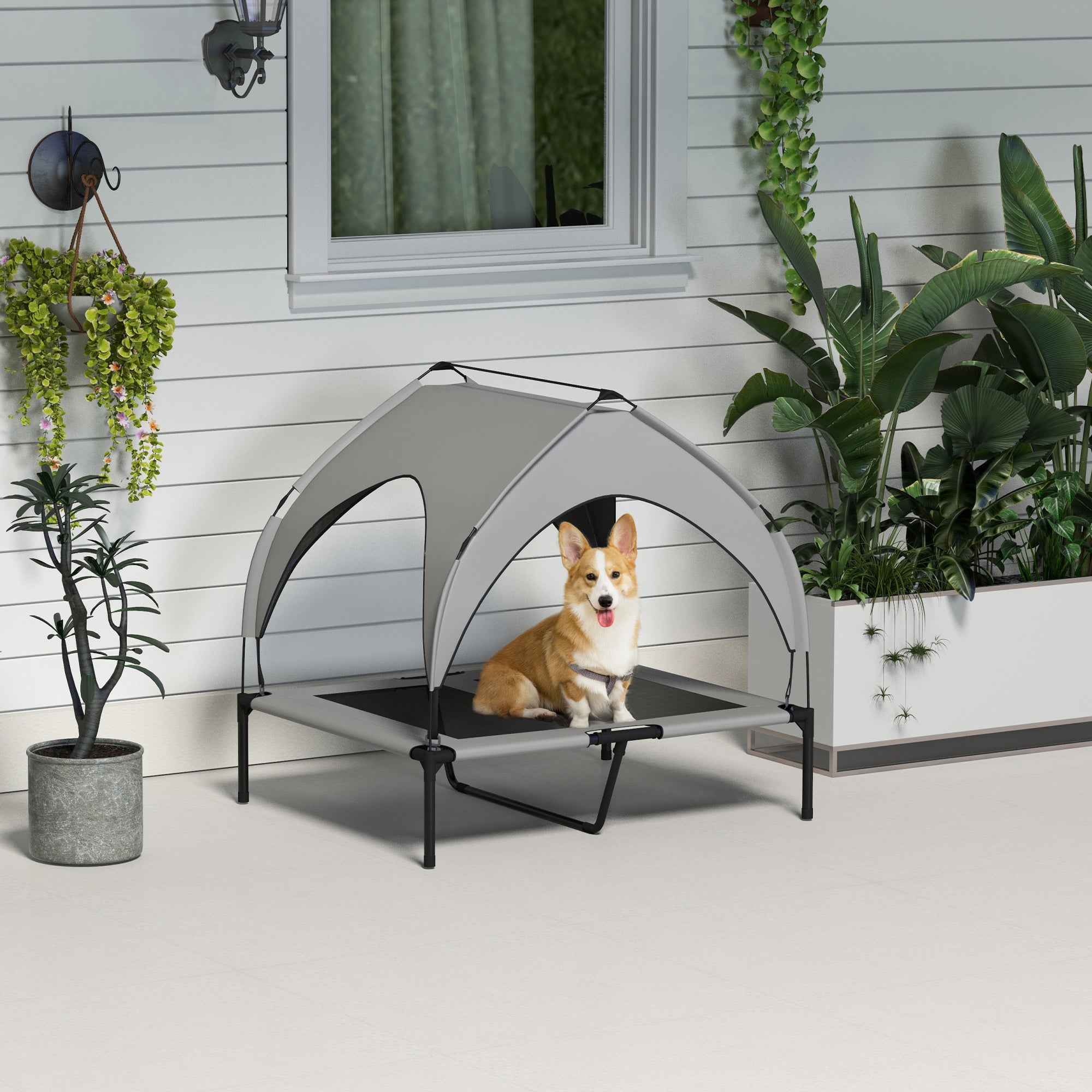 PawHut Cooling Raised Dog Bed, Elevated Pet Bed with Breathable Mesh, UV Protection Canopy, Foot Pads, for Indoor Outdoor, Medium, Large Dogs, 91 x 76 x 89cm - Light Grey