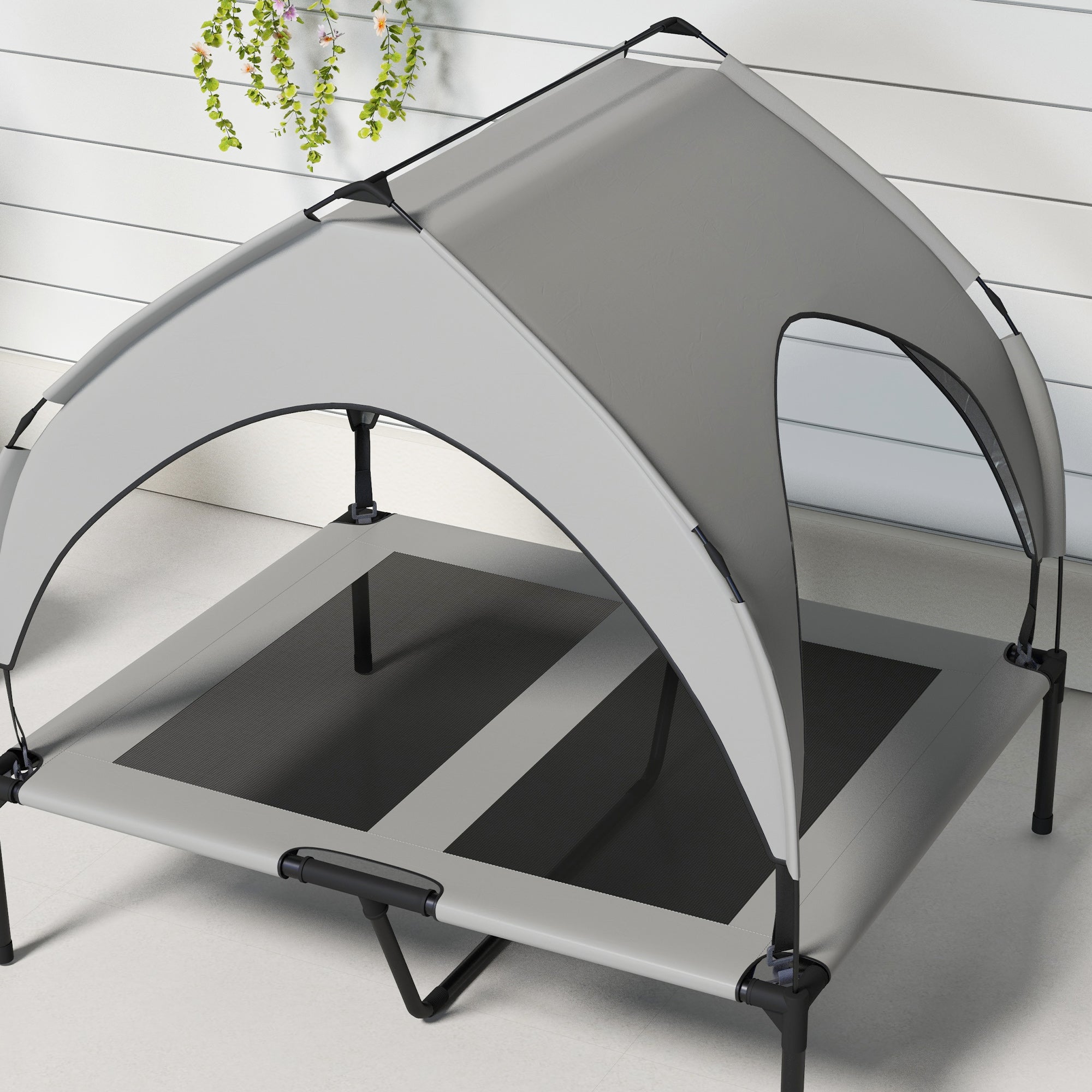 PawHut Cooling Raised Dog Bed, Elevated Pet Bed with Breathable Mesh, UV Protection Canopy, Foot Pads, for Indoor Outdoor, Medium, Large Dogs, 91 x 76 x 89cm - Light Grey