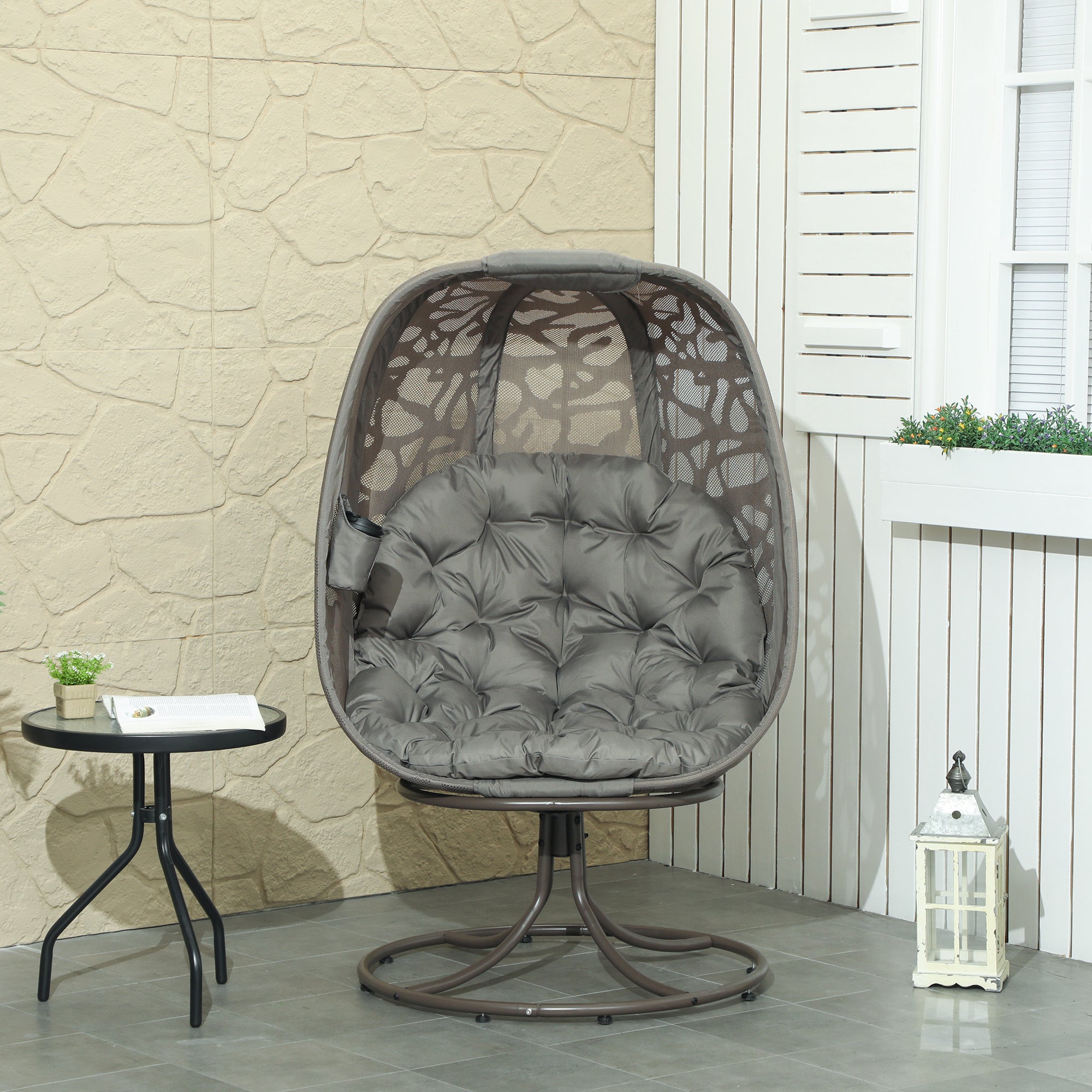Outsunny Swivel Egg Chair with Cushions and Foldable Basket Seat, Indoor Outdoor Lounge Chair for Backyard, Garden, Balcony, Lawn and Living Room, Sand