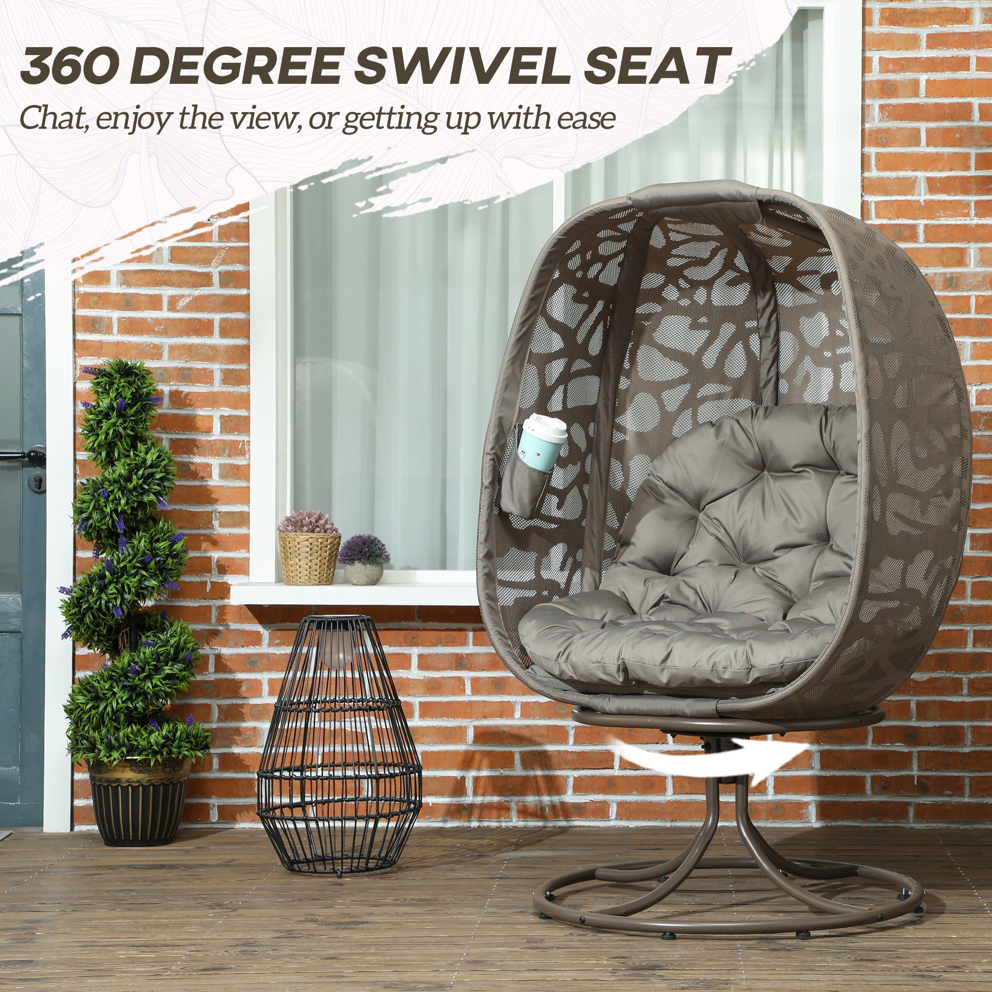 Outsunny Swivel Egg Chair with Cushions and Foldable Basket Seat, Indoor Outdoor Lounge Chair for Backyard, Garden, Balcony, Lawn and Living Room, Sand