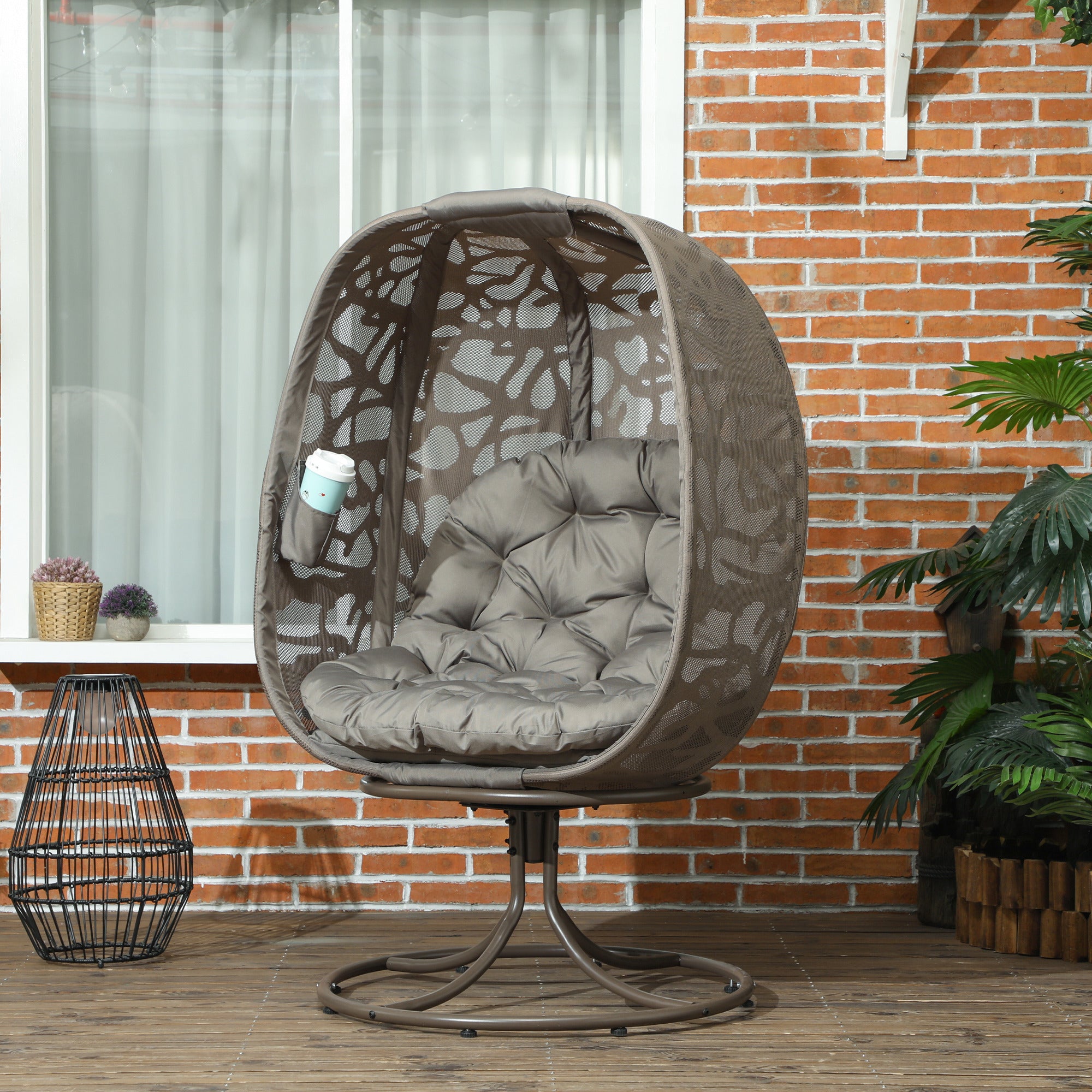 Outsunny Swivel Egg Chair with Cushions and Foldable Basket Seat, Indoor Outdoor Lounge Chair for Backyard, Garden, Balcony, Lawn and Living Room, Sand