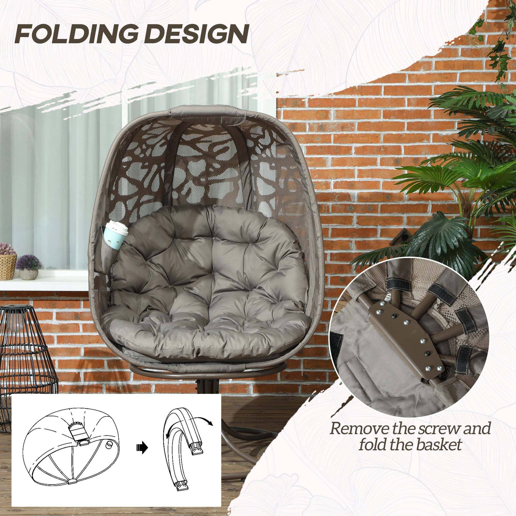 Outsunny Swivel Egg Chair with Cushions and Foldable Basket Seat, Indoor Outdoor Lounge Chair for Backyard, Garden, Balcony, Lawn and Living Room, Sand