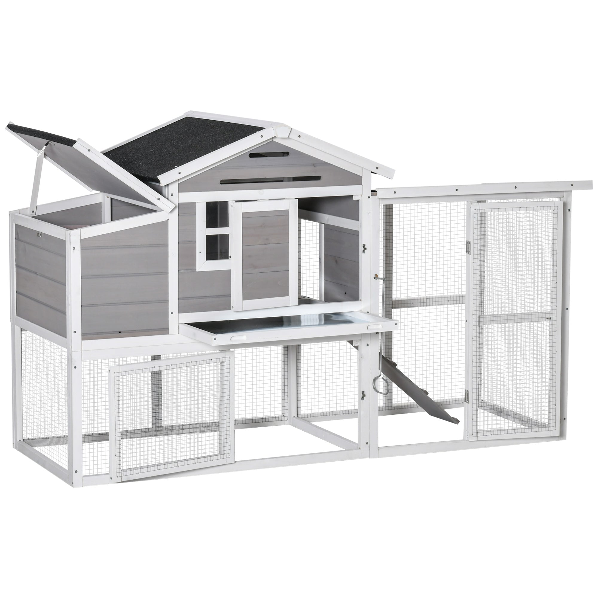 PawHut 76" Wooden Chicken Coop, Outdoor Hen House Poultry Duck Goose Cage with Outdoor Run, Nesting Box, Removable Tray and Lockable Doors, Grey