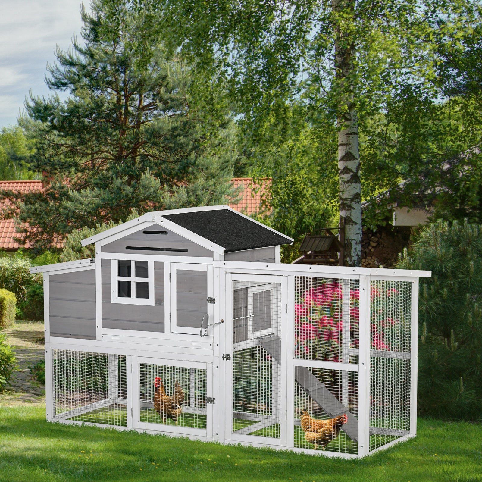 PawHut 76" Wooden Chicken Coop, Outdoor Hen House Poultry Duck Goose Cage with Outdoor Run, Nesting Box, Removable Tray and Lockable Doors, Grey