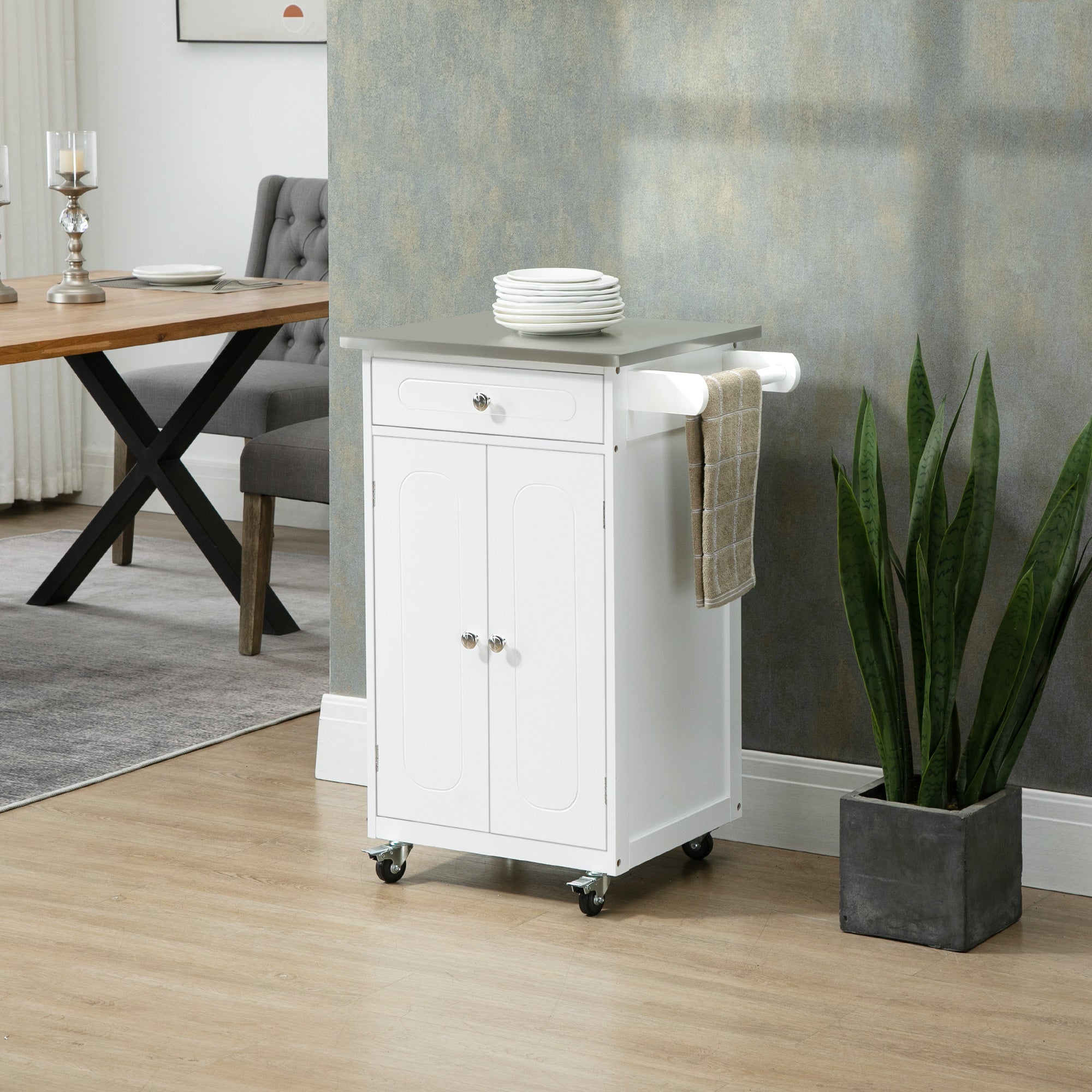 HOMCOM Kitchen Cart, Small Kitchen Island, Stainless Steel Top Utility Trolley on Wheels with Storage Drawer for Dining Room, Kitchen (White)